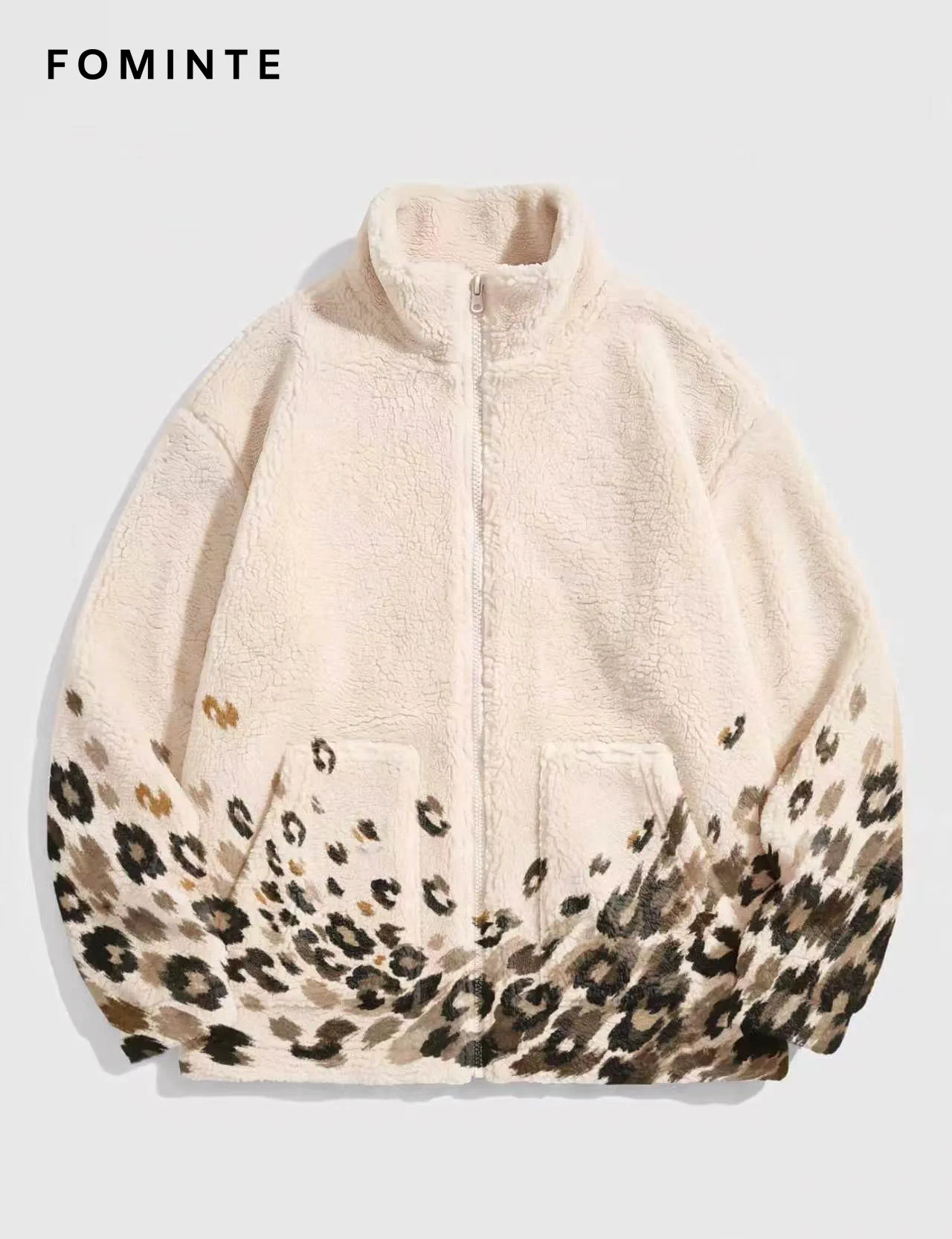 Ivory Leopard Print Full-Zip Fleece Jacket
