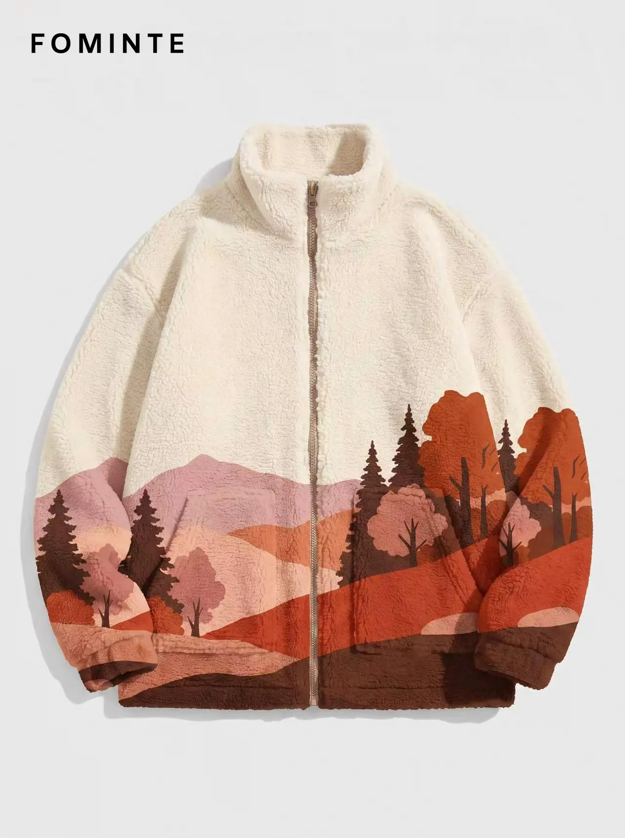 Ivory Mountain Landscape Full-Zip Fleece Jacket