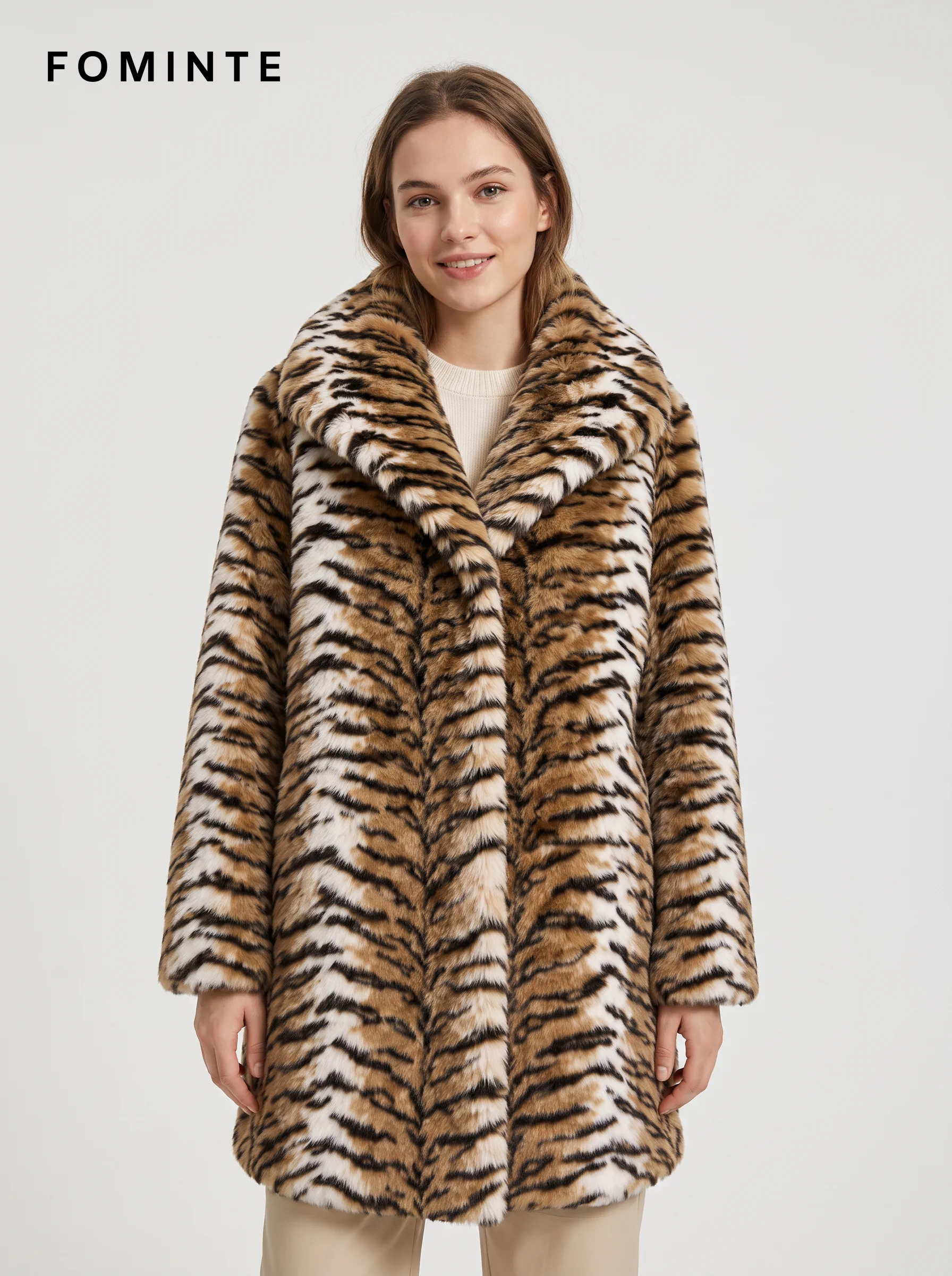 Warm Ivory Tiger-Inspired Faux Fur Coat