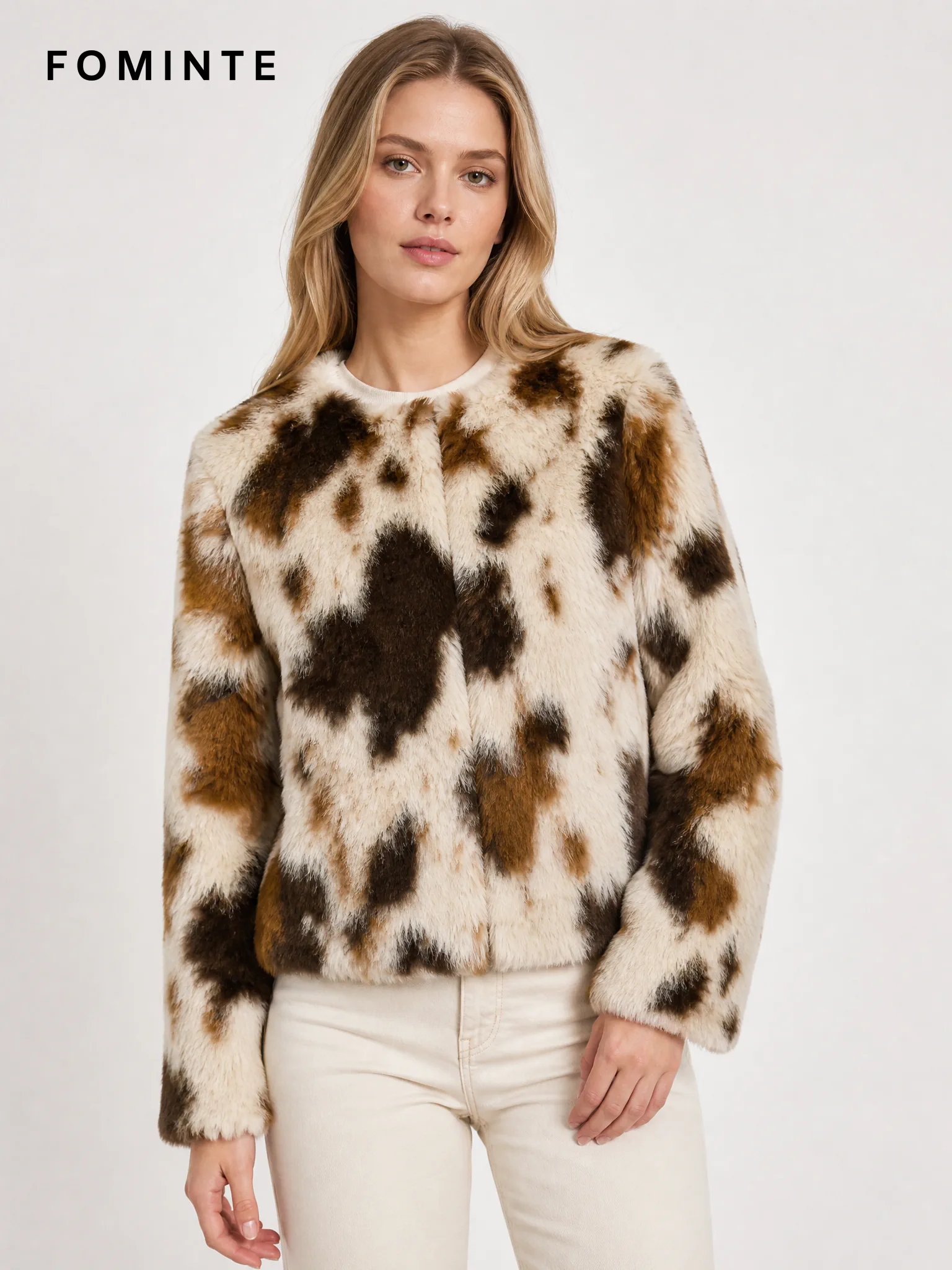 Ivory Diagonal-Stripe Faux Fur Jacket