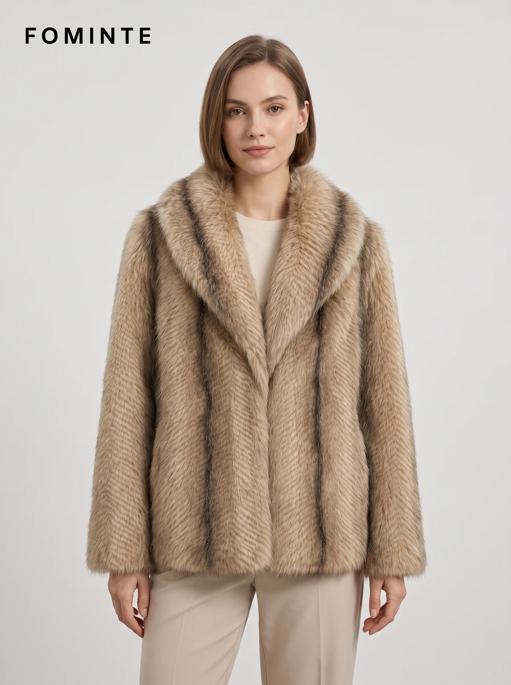 Taupe Tonal-Streak Faux Fur Jacket