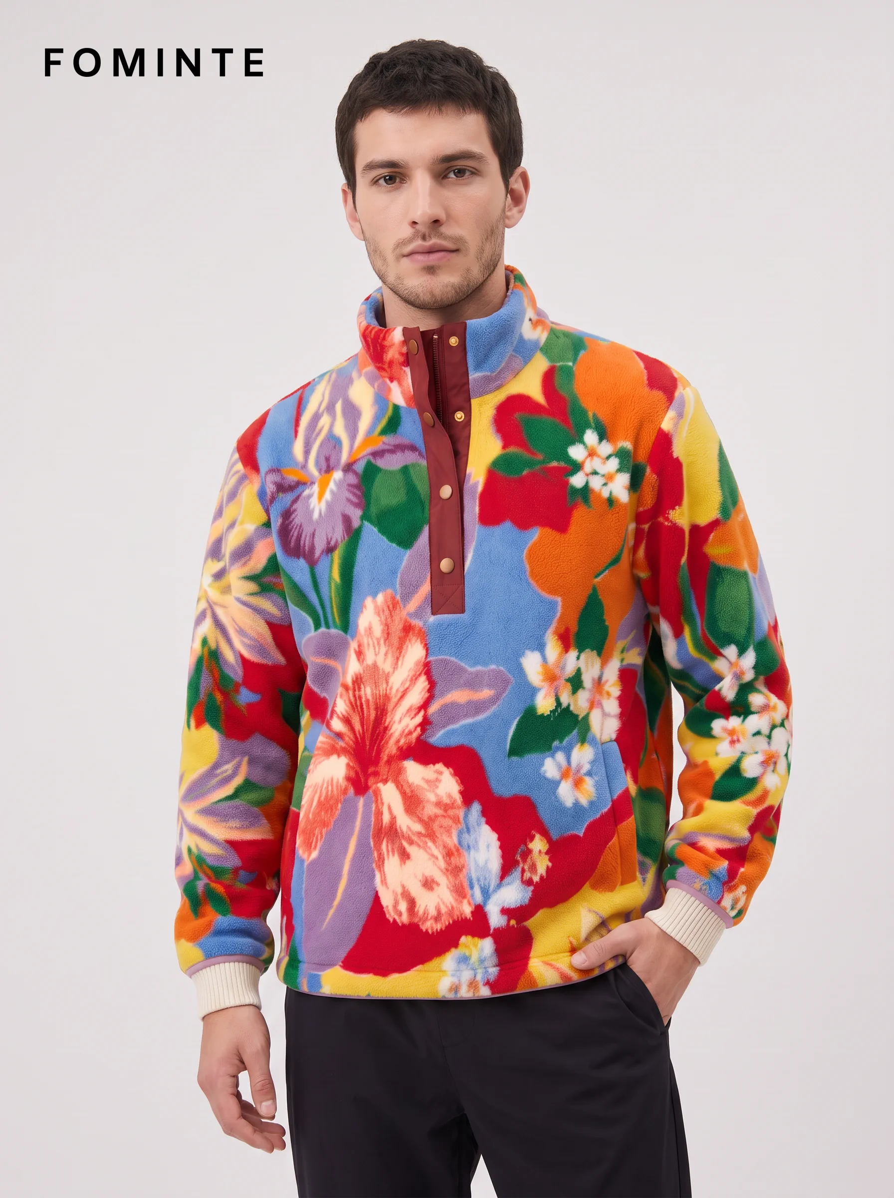 Bold Floral Print Half-Snap Stand-Collar Fleece Jacket