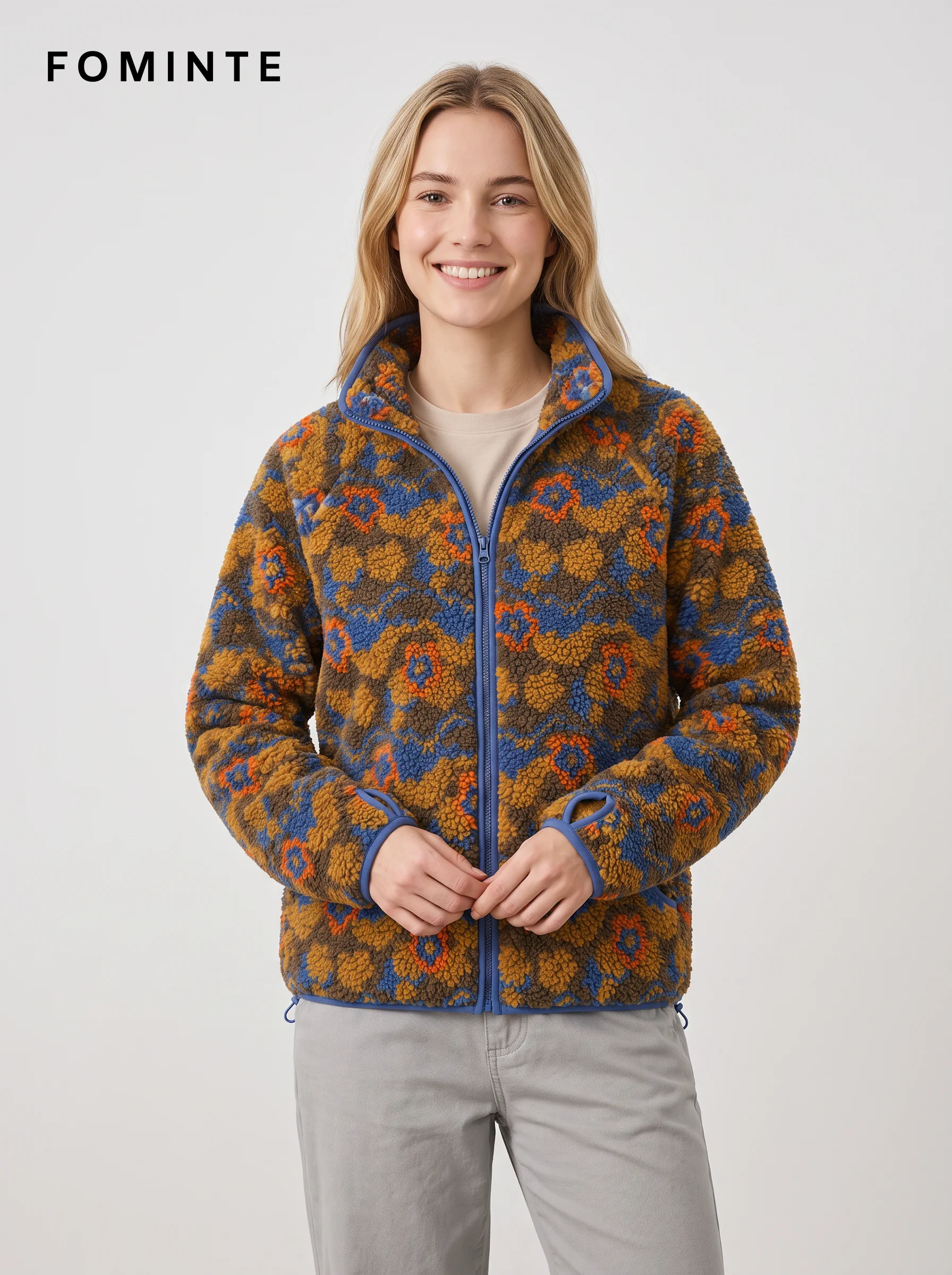 Stand-Collar Full-Zip Fair Isle Print Fleece Jacket