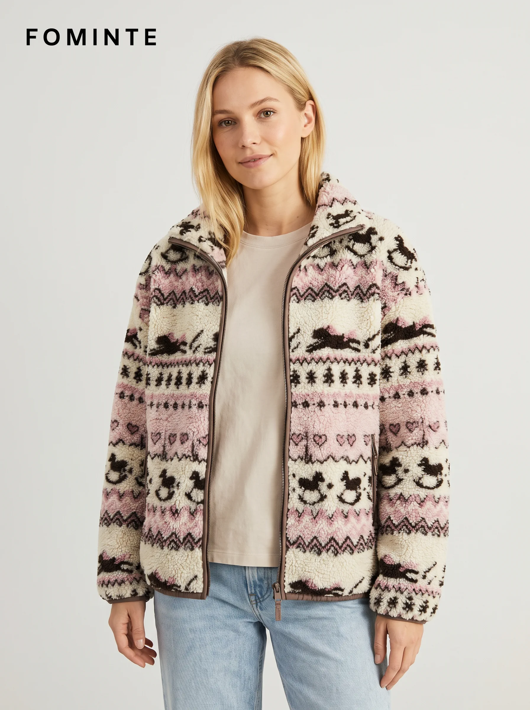 Fair Isle Print Half-Zip Fleece Pullover with Pony Motifs