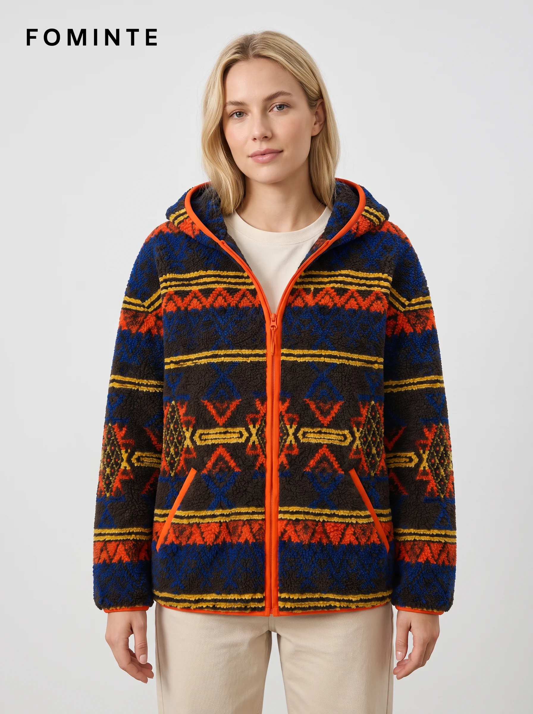 Hooded Full-Zip Aztec Geometric Fleece Jacket