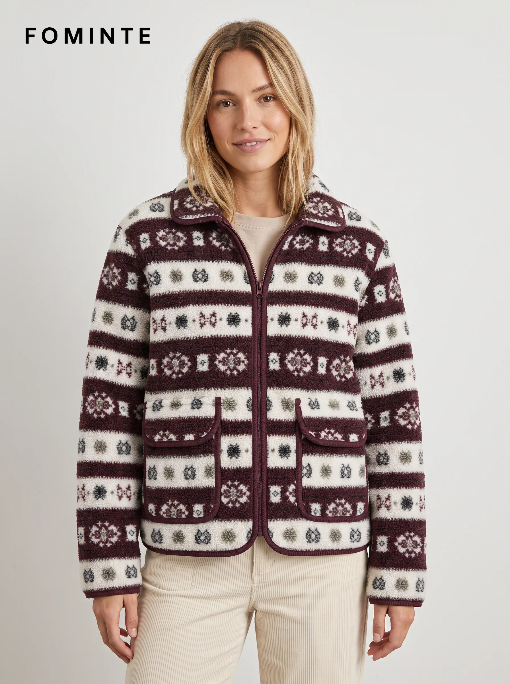 Notched-Collar Full-Zip Fair Isle Fleece Jacket