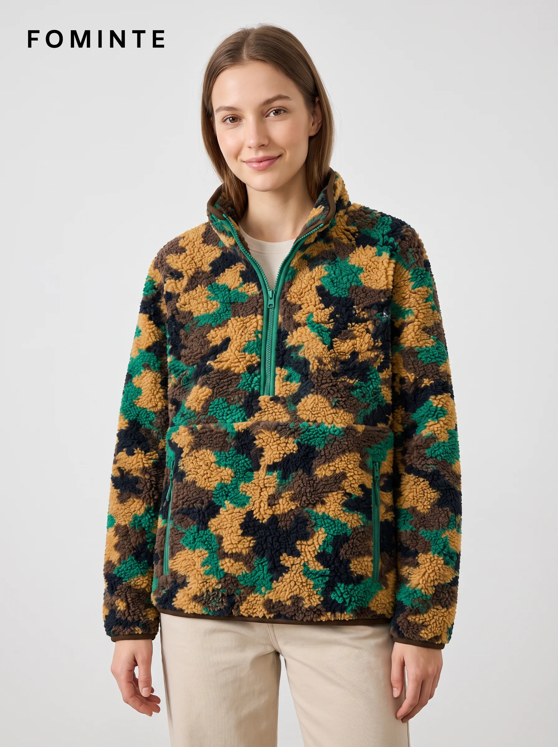 Stand-Collar Half-Zip Camo Print Fleece Jacket