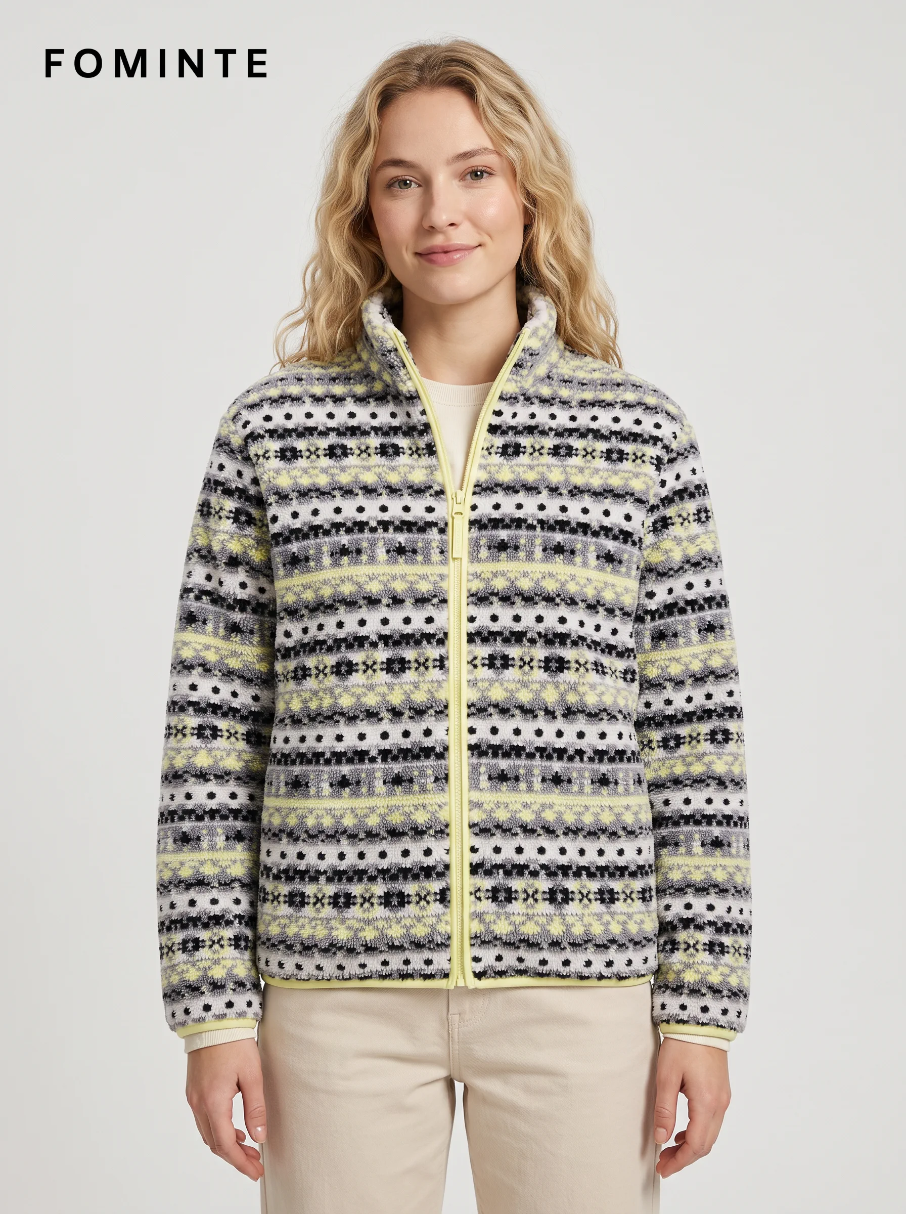 Cream Fair Isle Jacquard Full-Zip Fleece Jacket