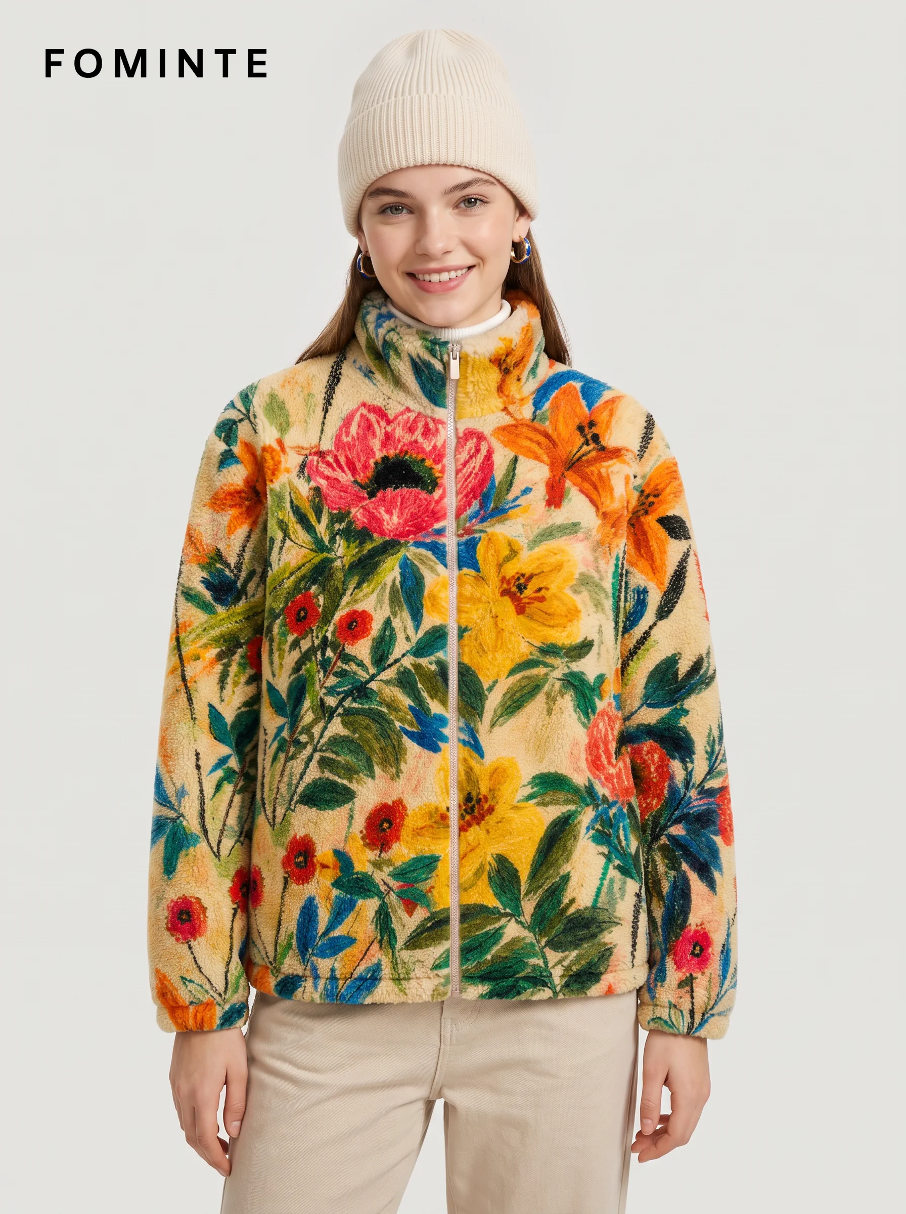 Cream Multi-Colour Floral Print Full-Zip Fleece Jacket