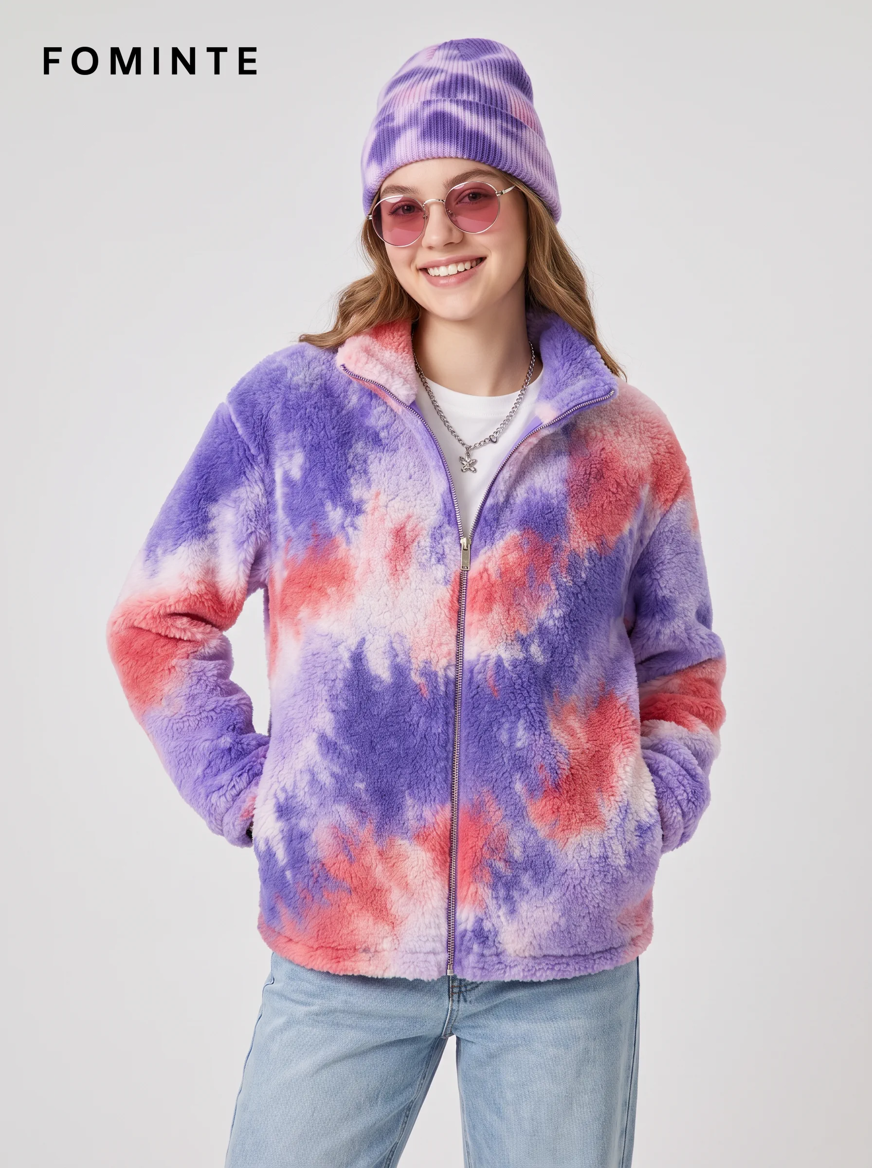 Purple Pink Tie-Dye Full-Zip Fleece Jacket