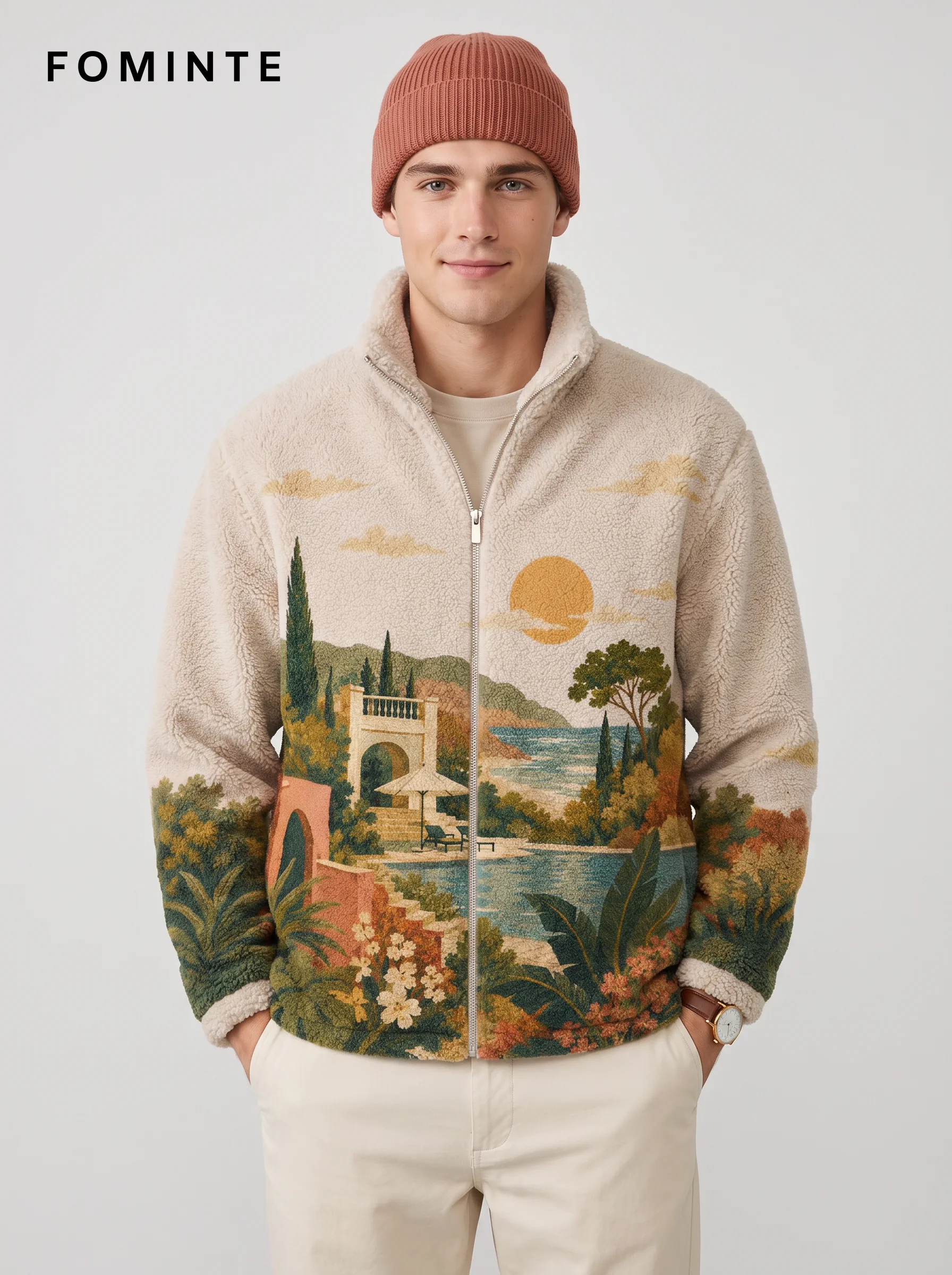 Cream Mediterranean Resort Scene Print Full-Zip Fleece Jacket