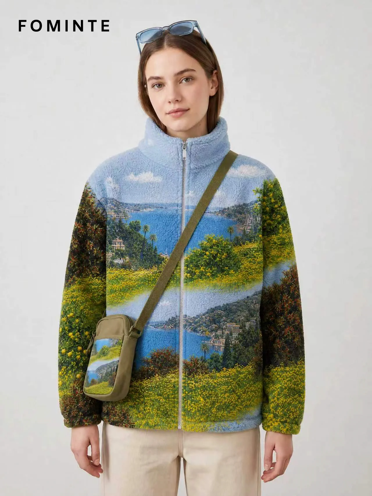 Mediterranean Bay Landscape Print Full-Zip Fleece Jacket