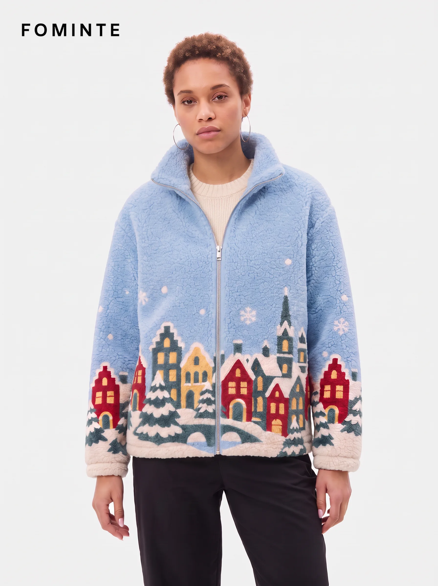 Sky Blue European Winter Town Jacquard Fleece Jacket