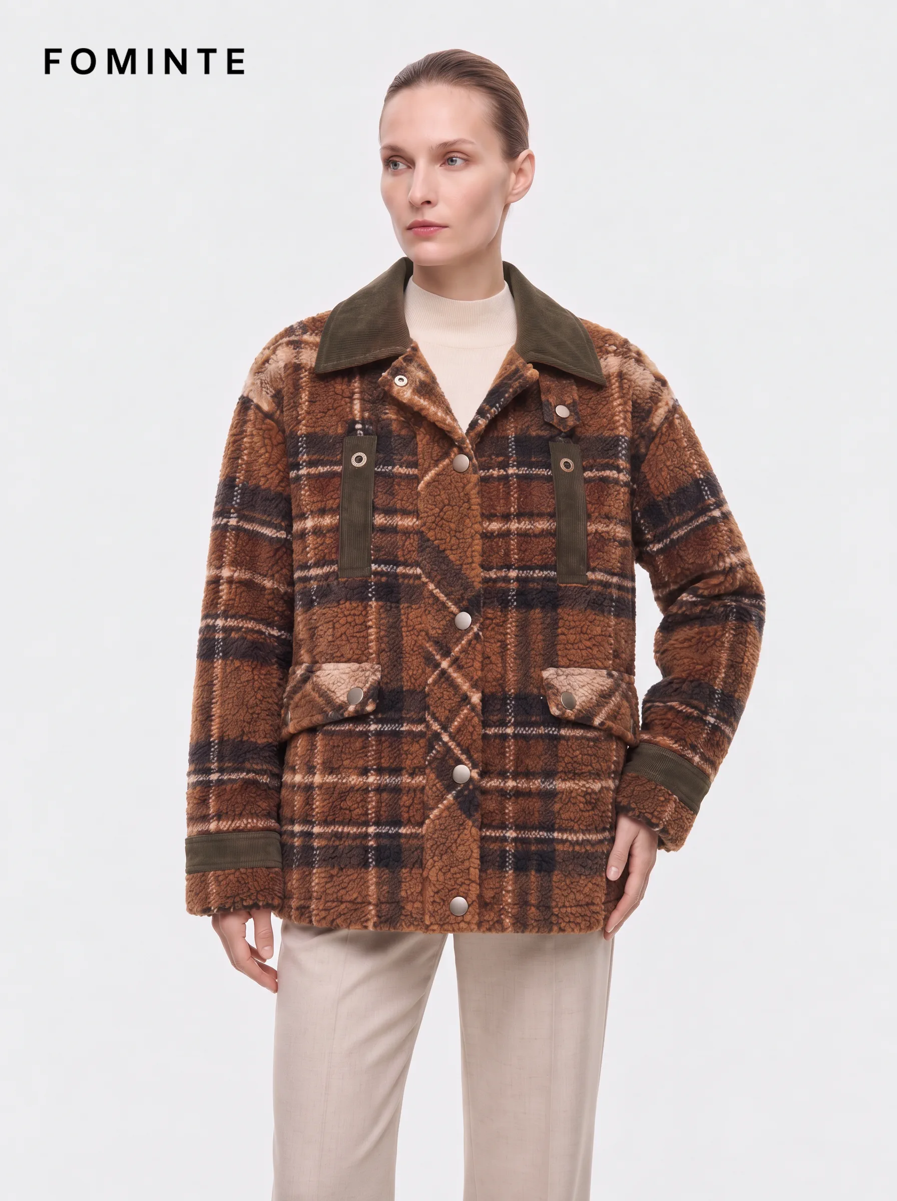 Brown Plaid Utility Sherpa Jacket with Corduroy Collar