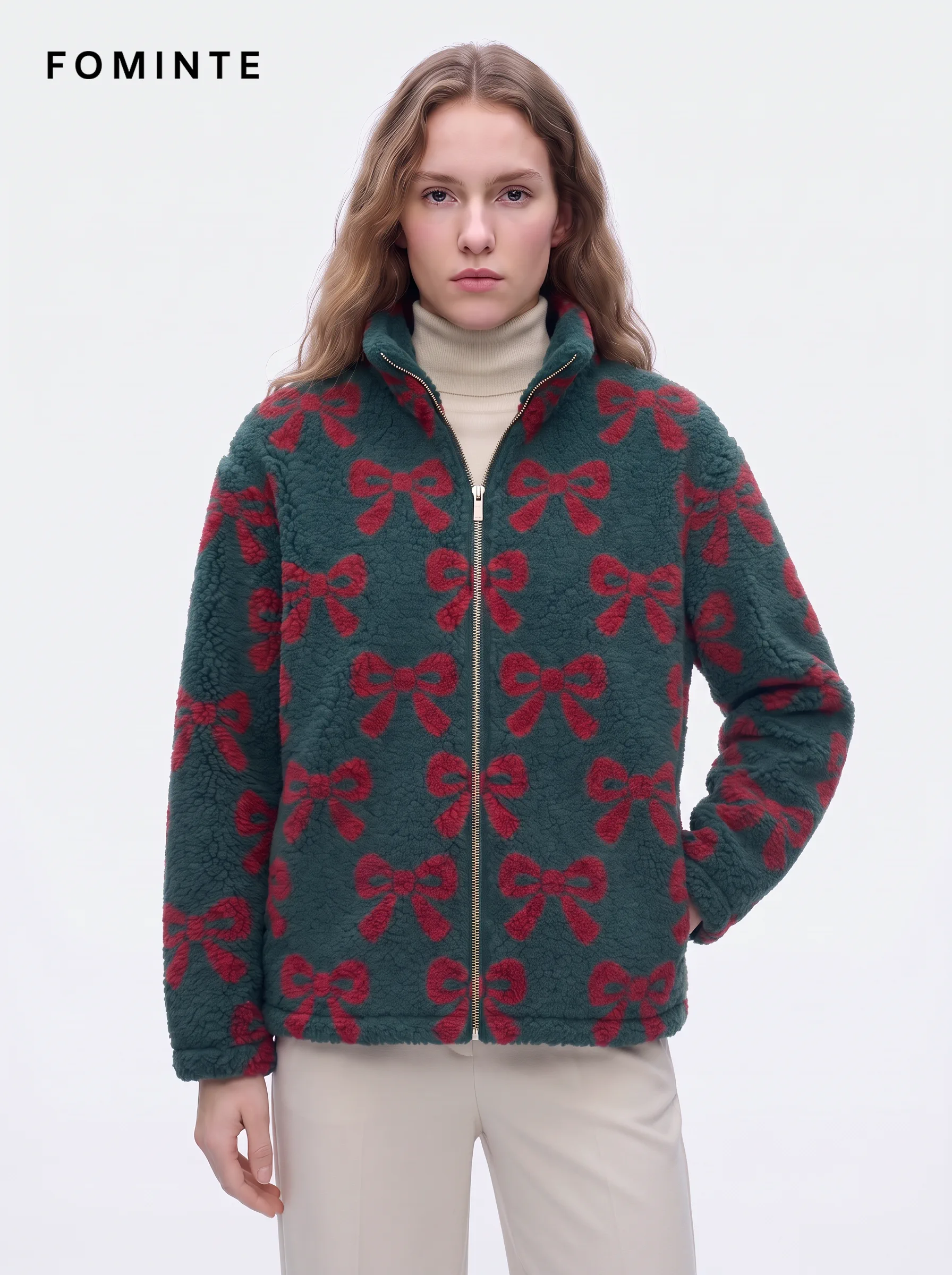 Forest Green Holiday Ribbon Bow Print Sherpa Jacket