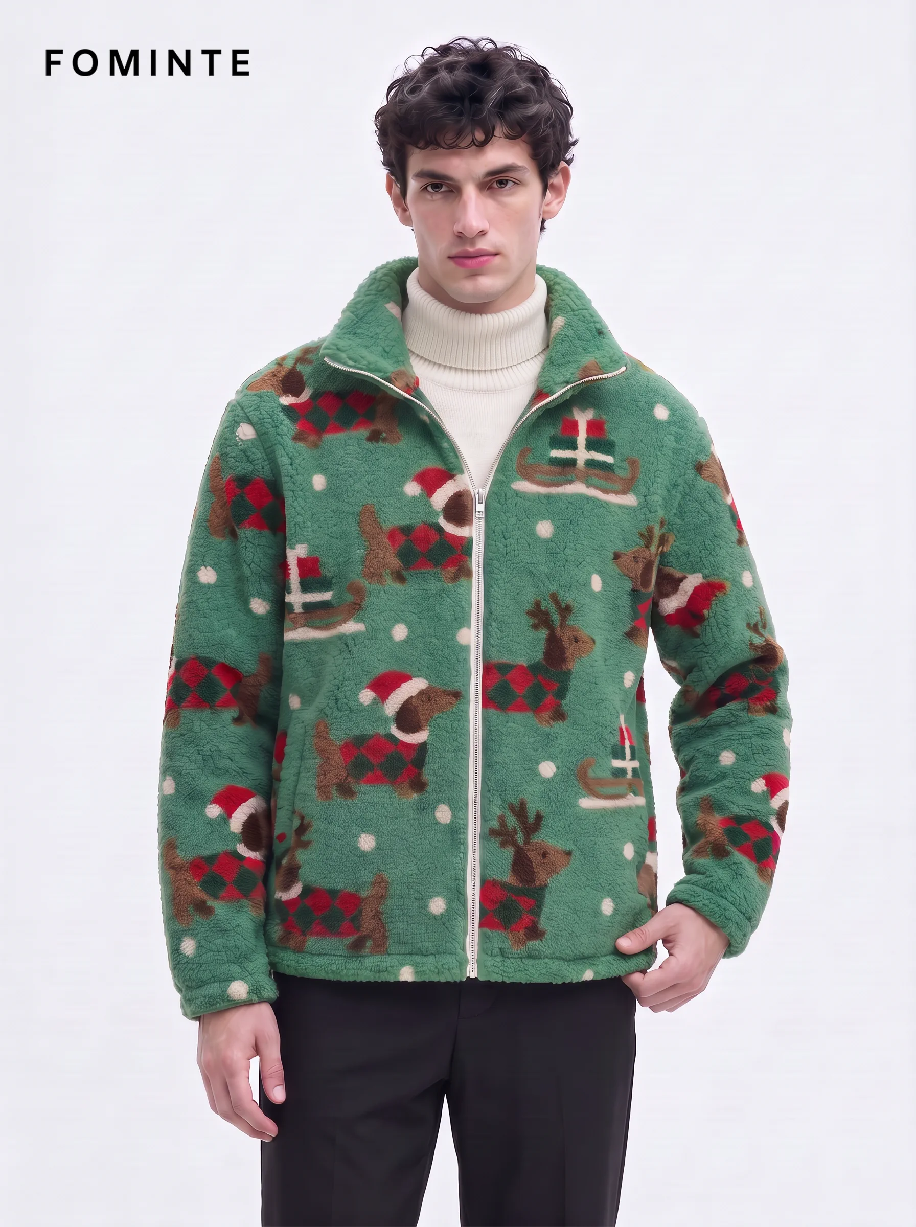 Holiday Dachshund Print Sherpa Fleece Jacket