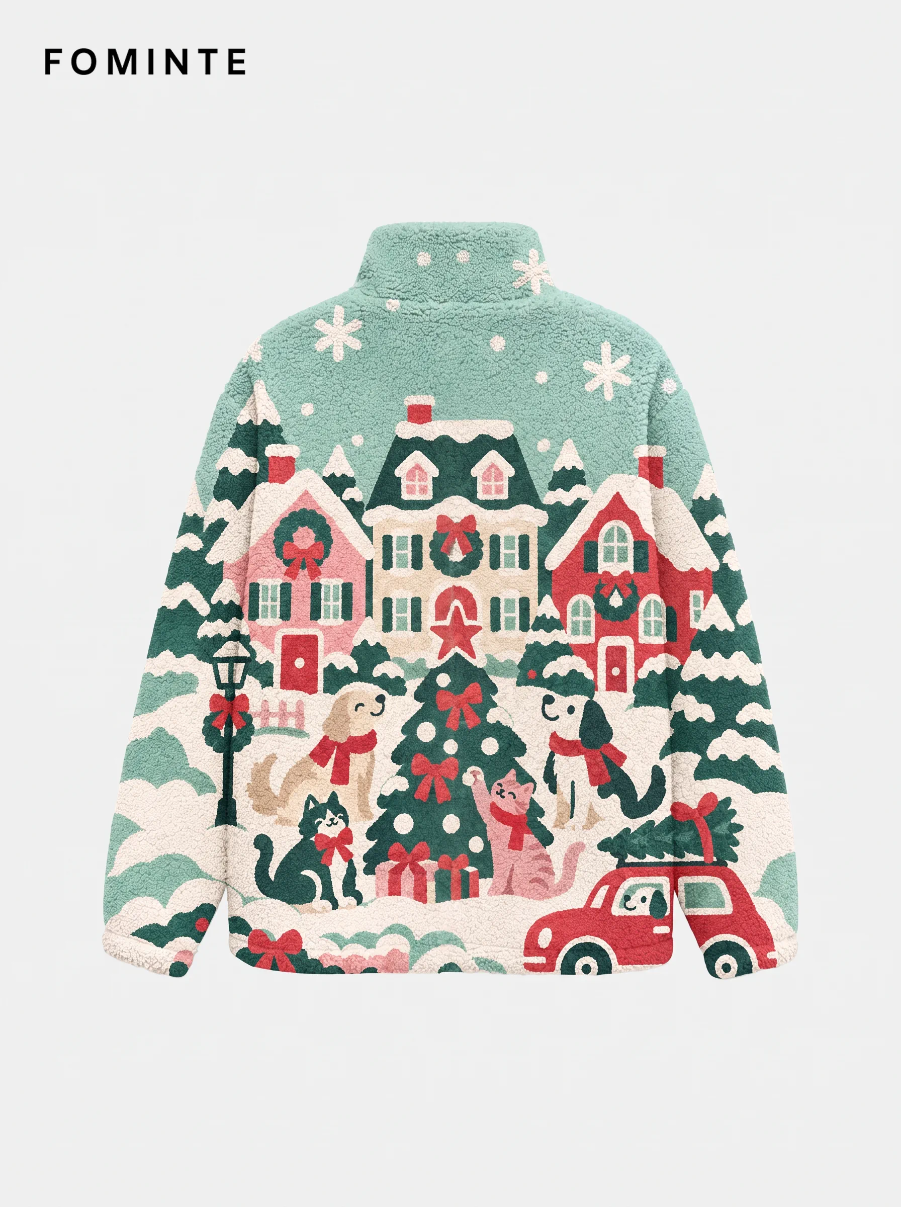 Pastel Mint Winter Village and Holiday Pets Fleece Jacket