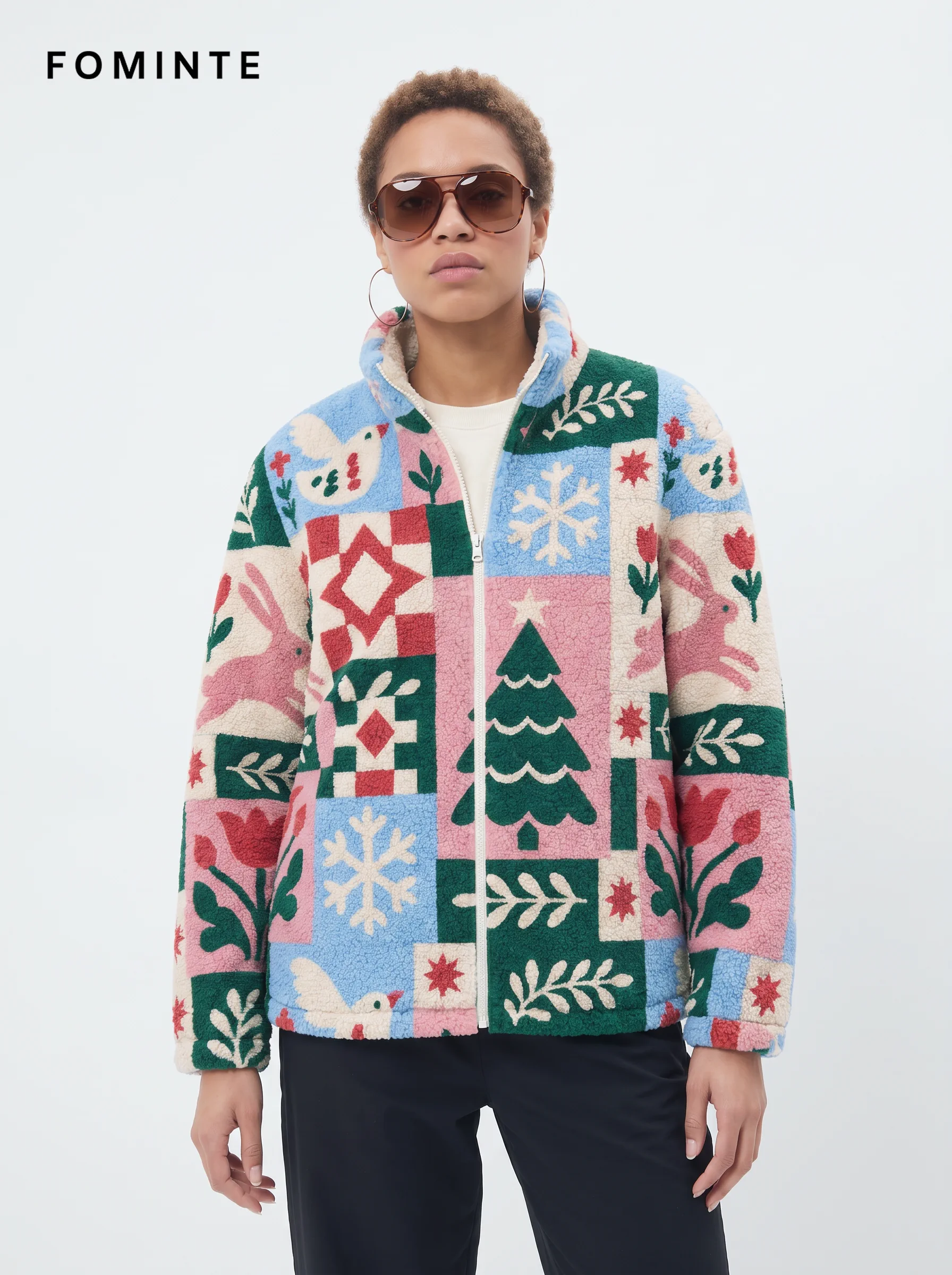Pastel Christmas Patchwork Quilt Sherpa Jacket