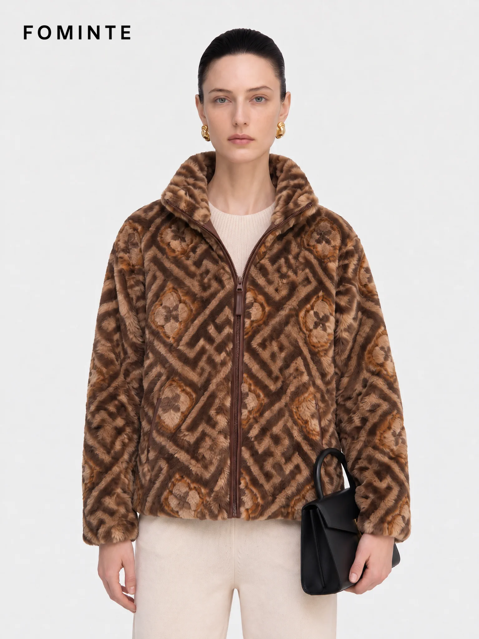 Earthy Colorblock Geometric Patchwork Luxury Faux Fur Jacket