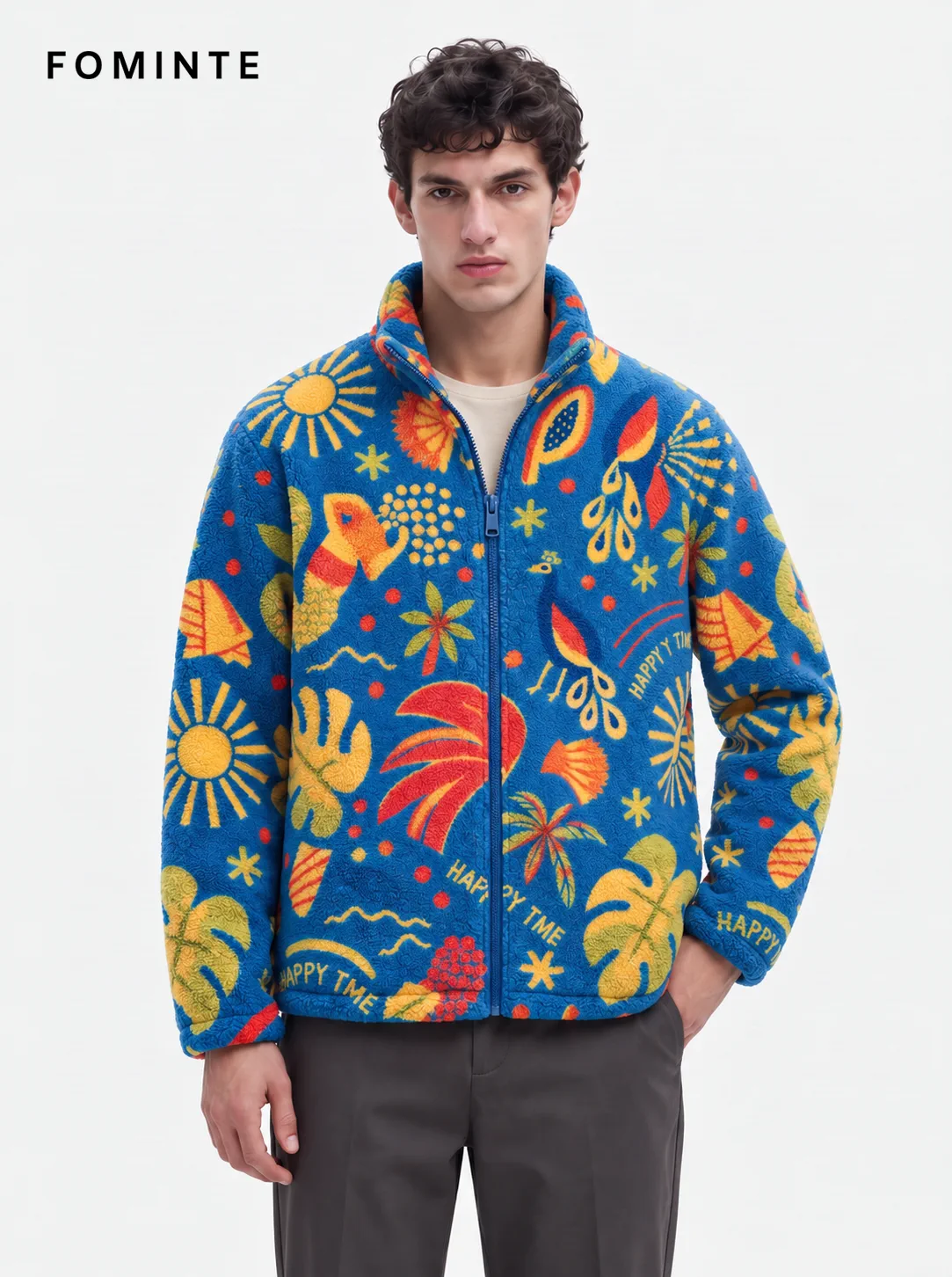 Electric Blue Sunshine Tropical Resort Print Fleece Jacket