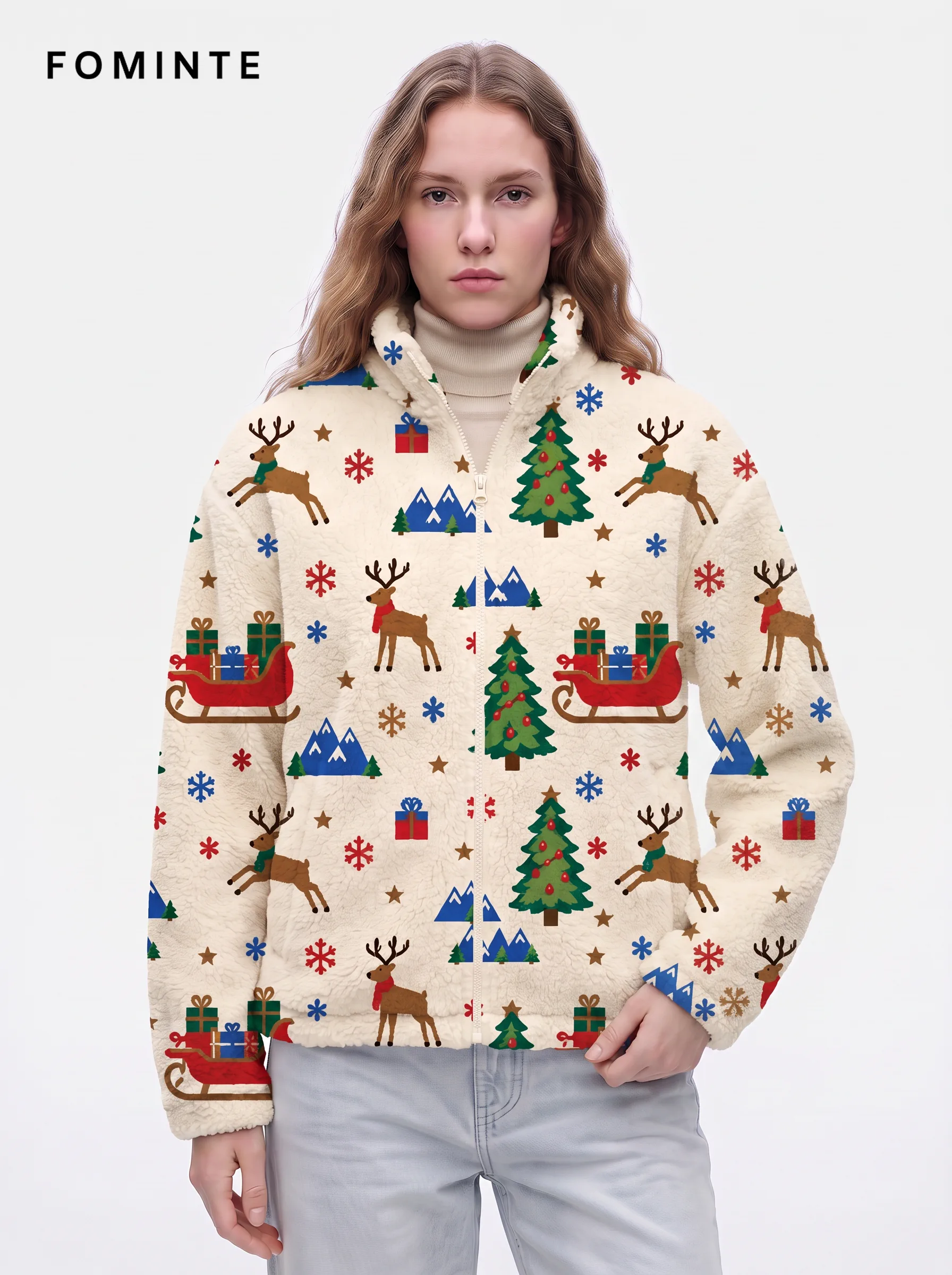 Cream Christmas Reindeer and Forest Holiday Sherpa Jacket