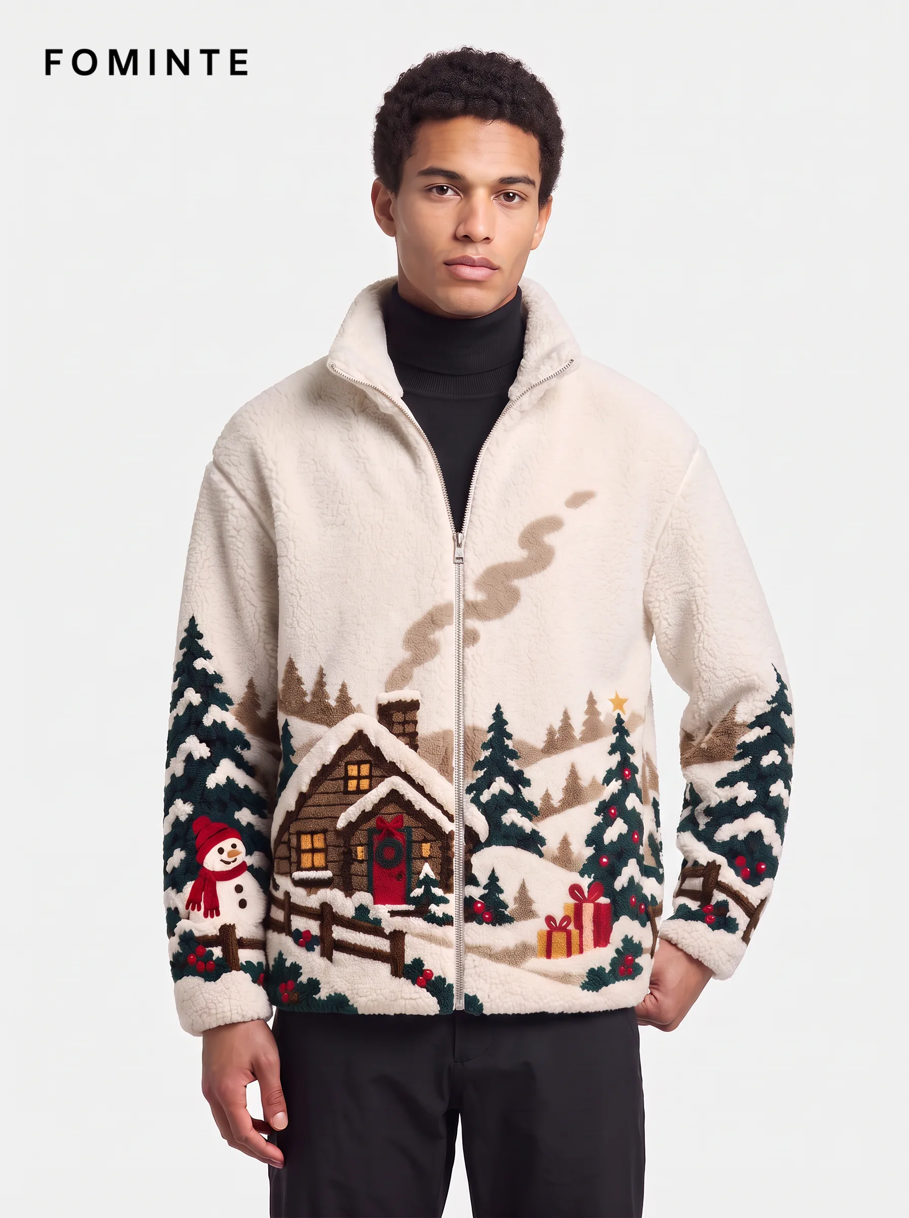 Alpine Cabin and Snowman Holiday Sherpa Fleece Jacket