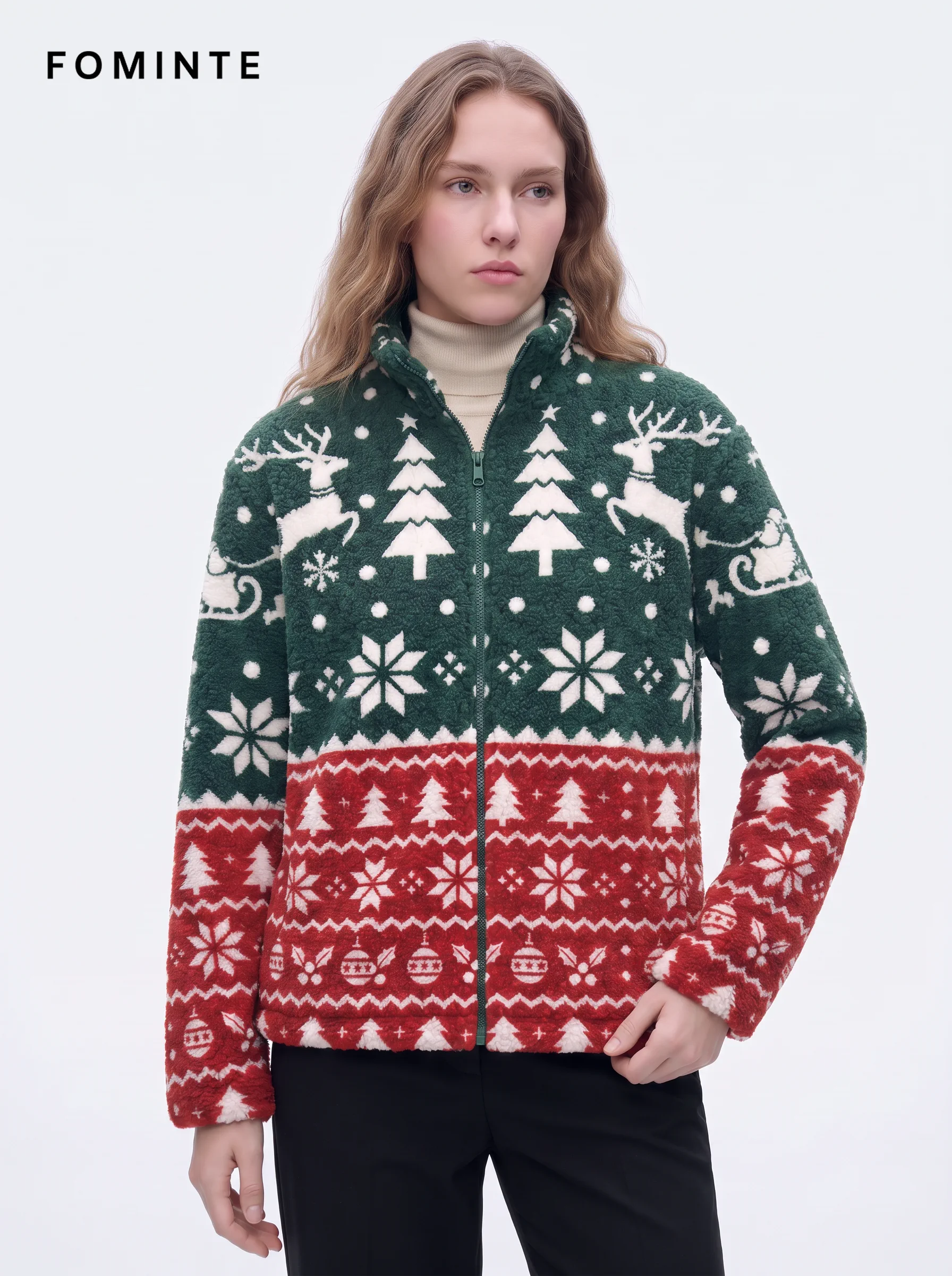 Festive Fair Isle Reindeer and Sleigh Holiday Sherpa Jacket