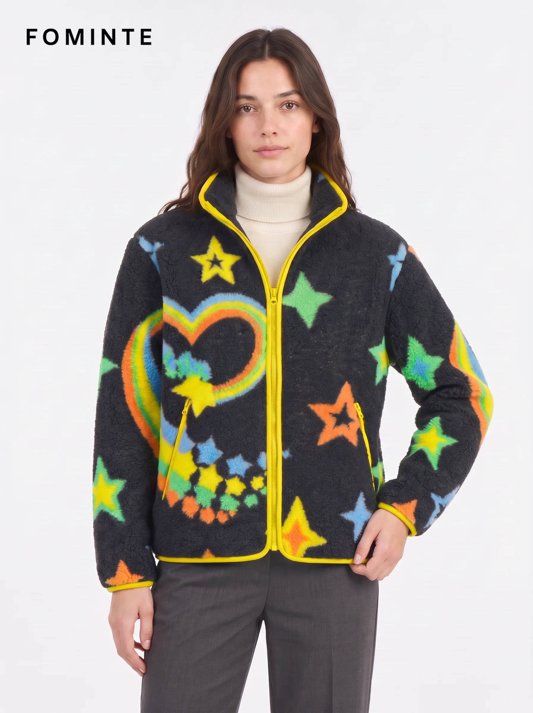 Modern Prismatic Polygon Colorblock Sherpa Fleece Jacket