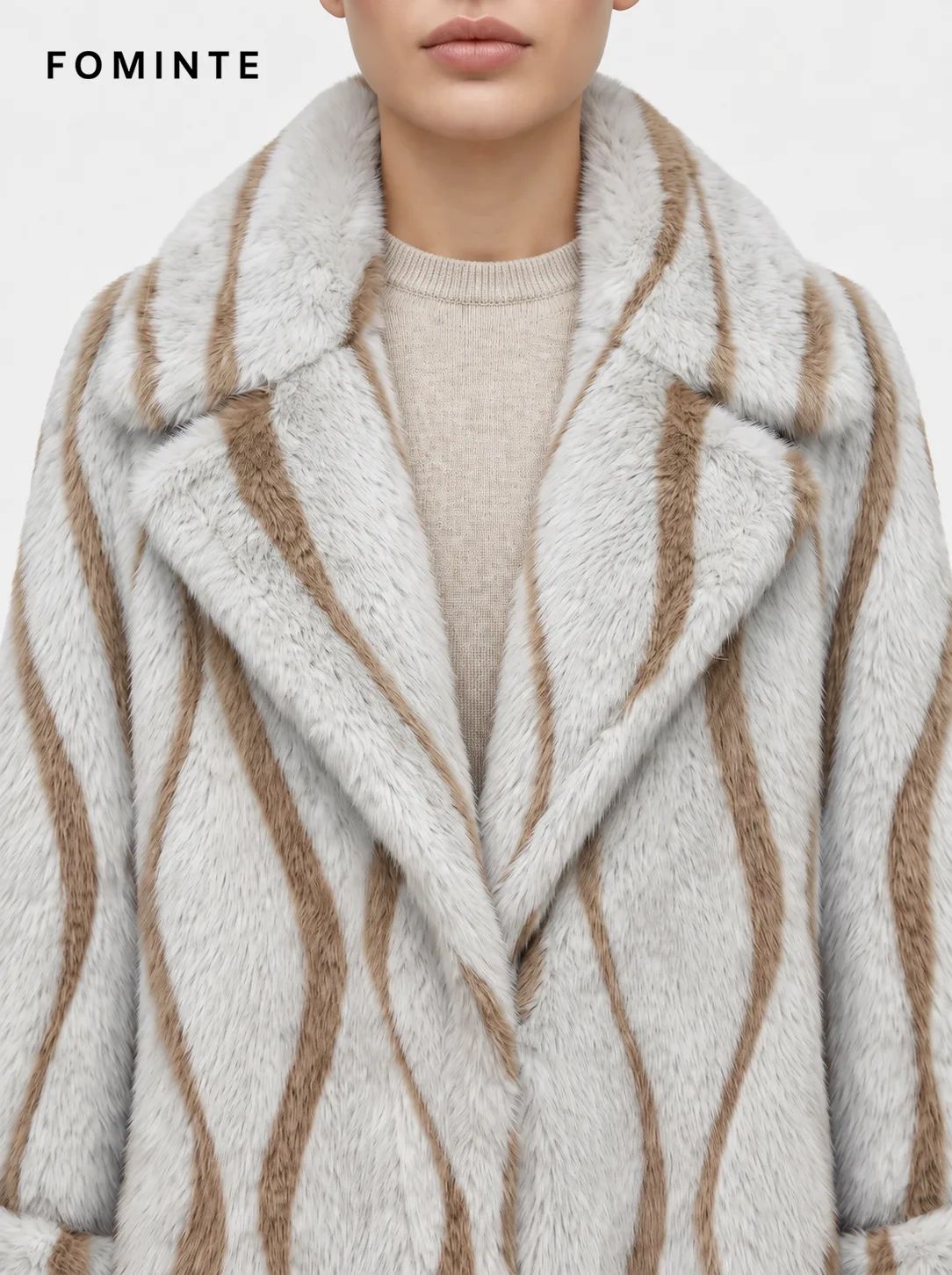 Cream and Dove Grey Striped Lapel Faux Fur Coat