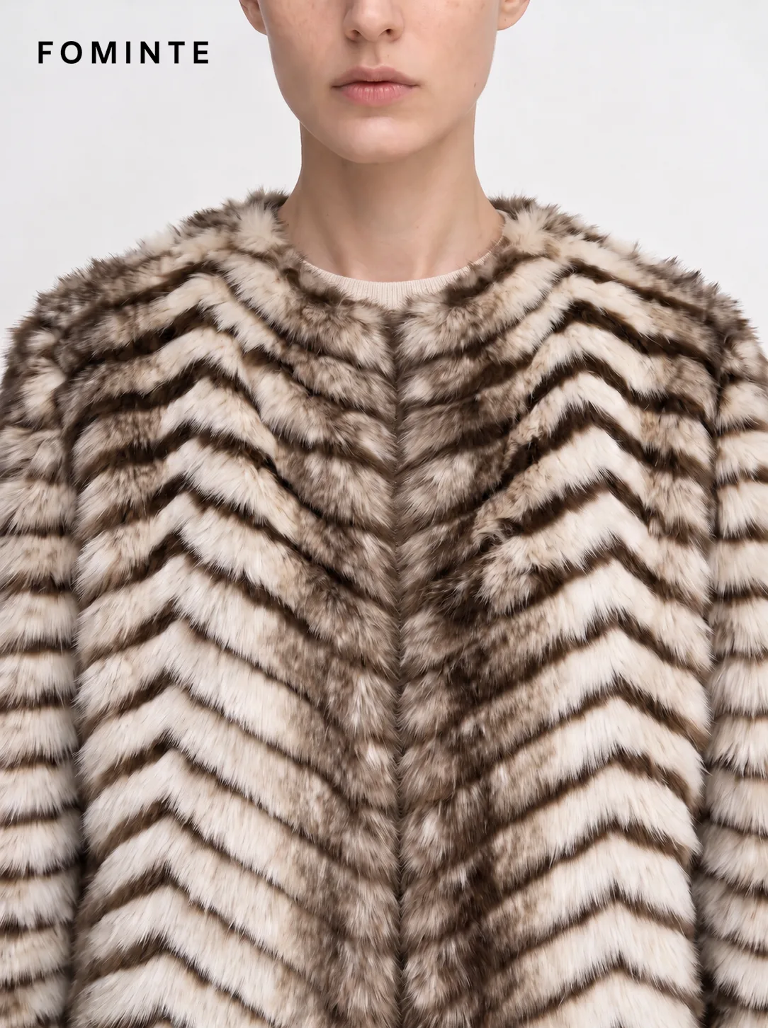 Ivory and Camel Wave Ripple Patterned Faux Fur Jacket