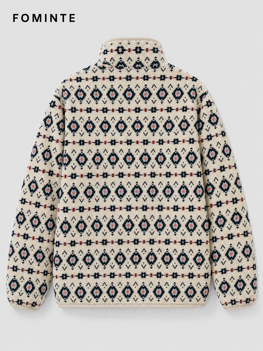 Cream and Light Blue Geometric Print Women's Printed Full-Zip Fleece Jacket Wholesale Custom Outerwear - FM0802000439
