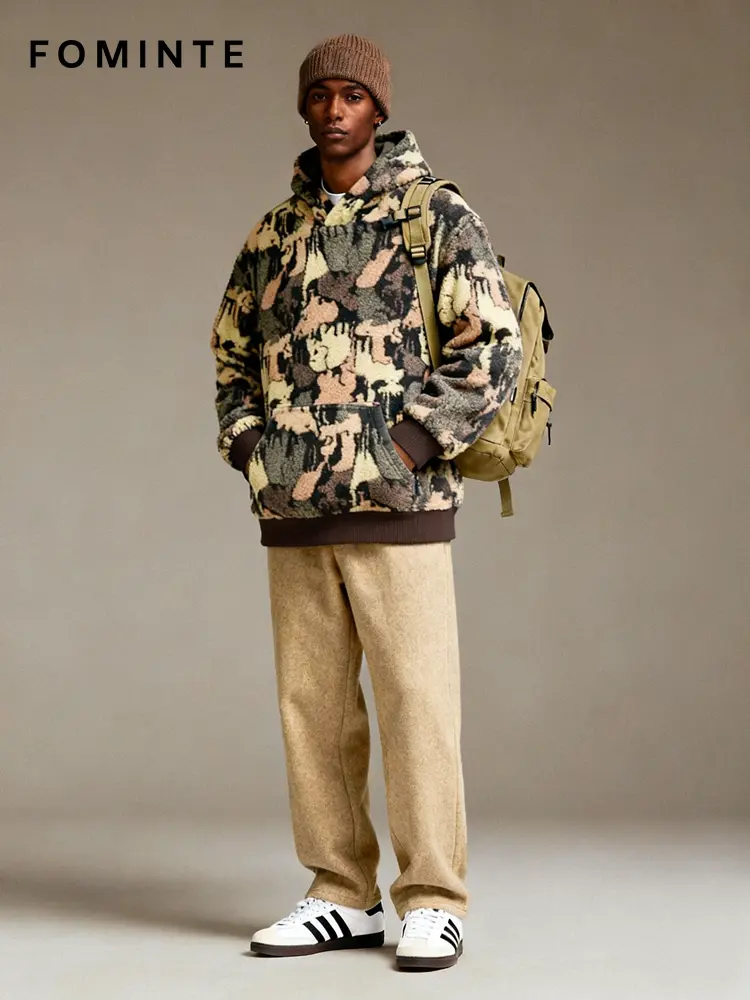 Multi-Color Camo Print Oversized Sherpa Fleece Hoodie