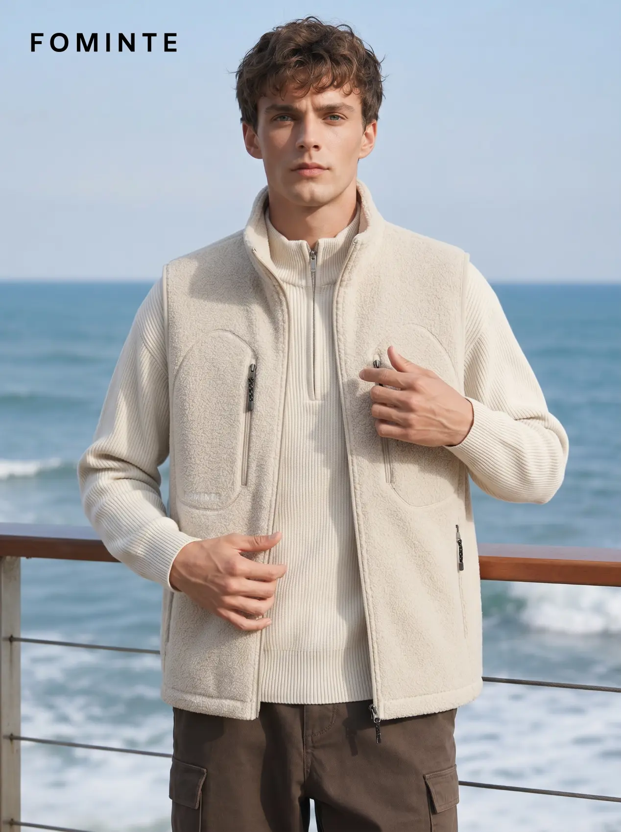 Men's Off White Full-Zip Fleece Vest