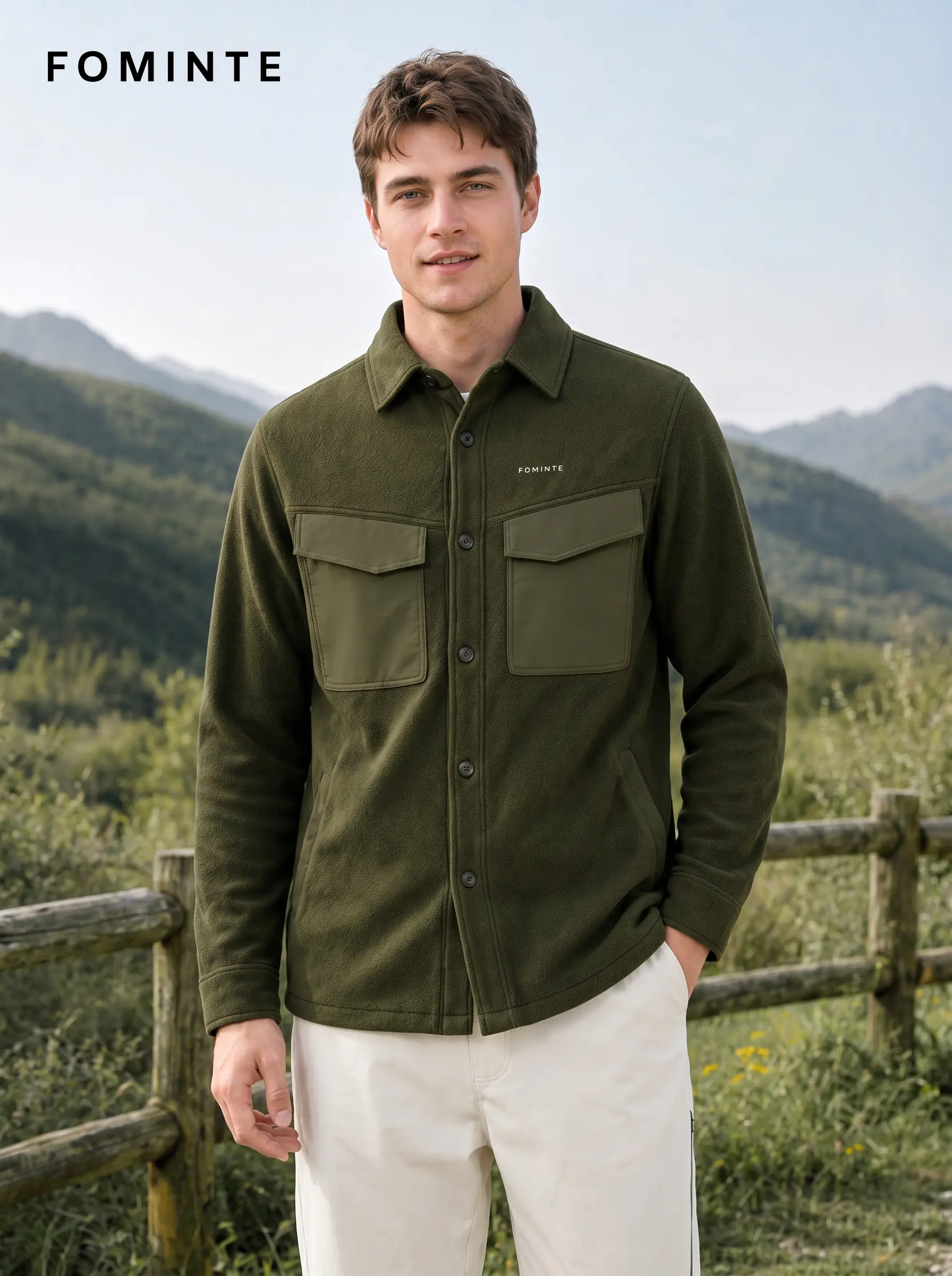 Men's Olive Green Chest Pocket fleece Jacket