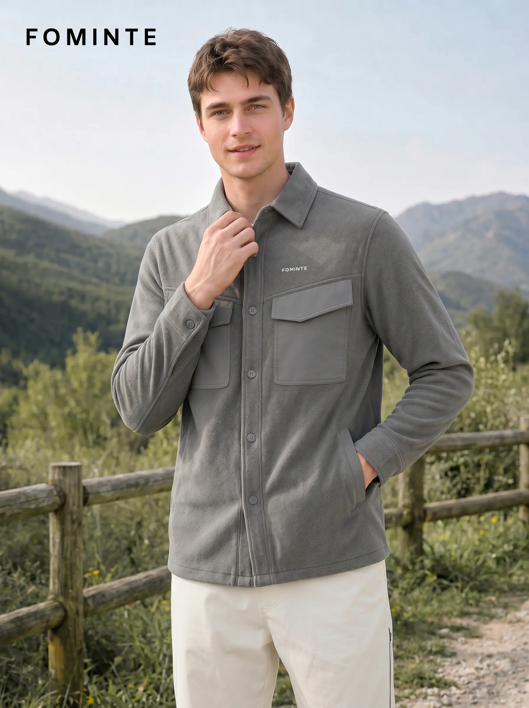 Men's Grey Chest Pocket fleece Jacket