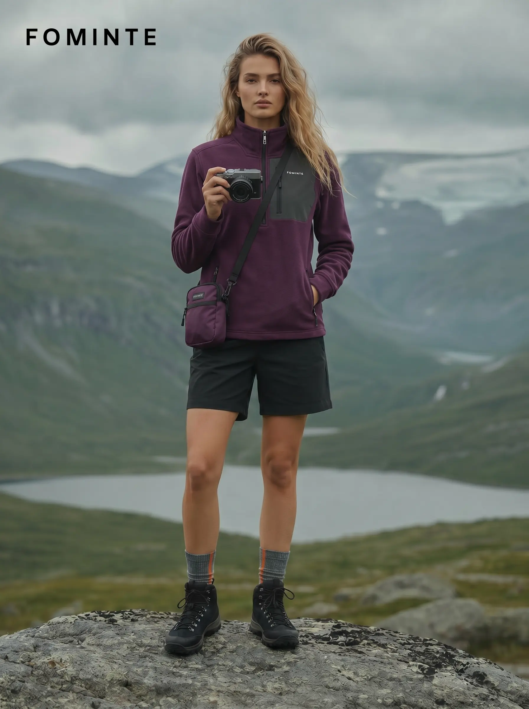 Women's Purple Stand Collar Hiking Quarter-Zip Fleece Hoodie