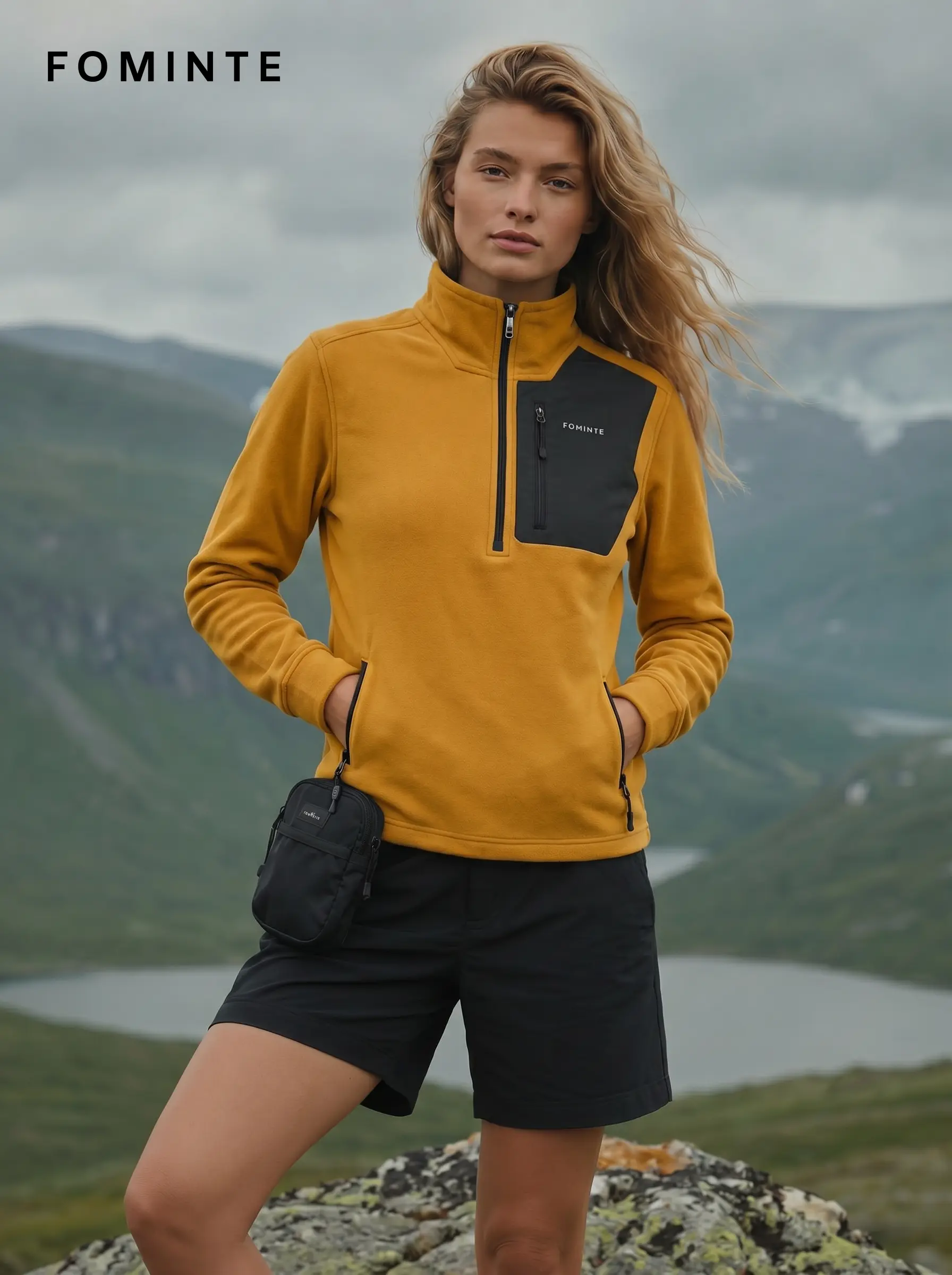 Women's Ginger Yellow Stand Collar Hiking Quarter-Zip Fleece Hoodie