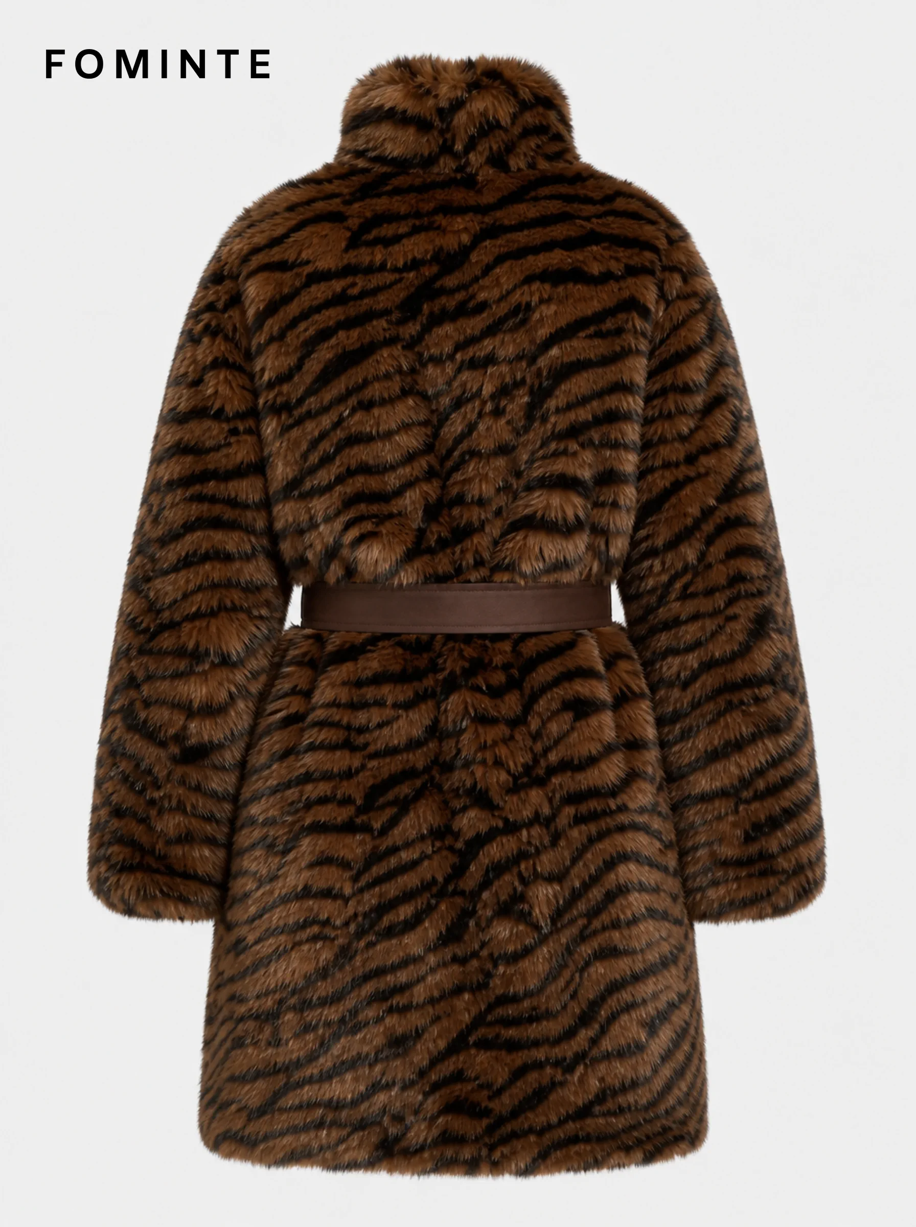 Deep Brown Belted Tiger-Inspired Faux Fur Coat Wholesale