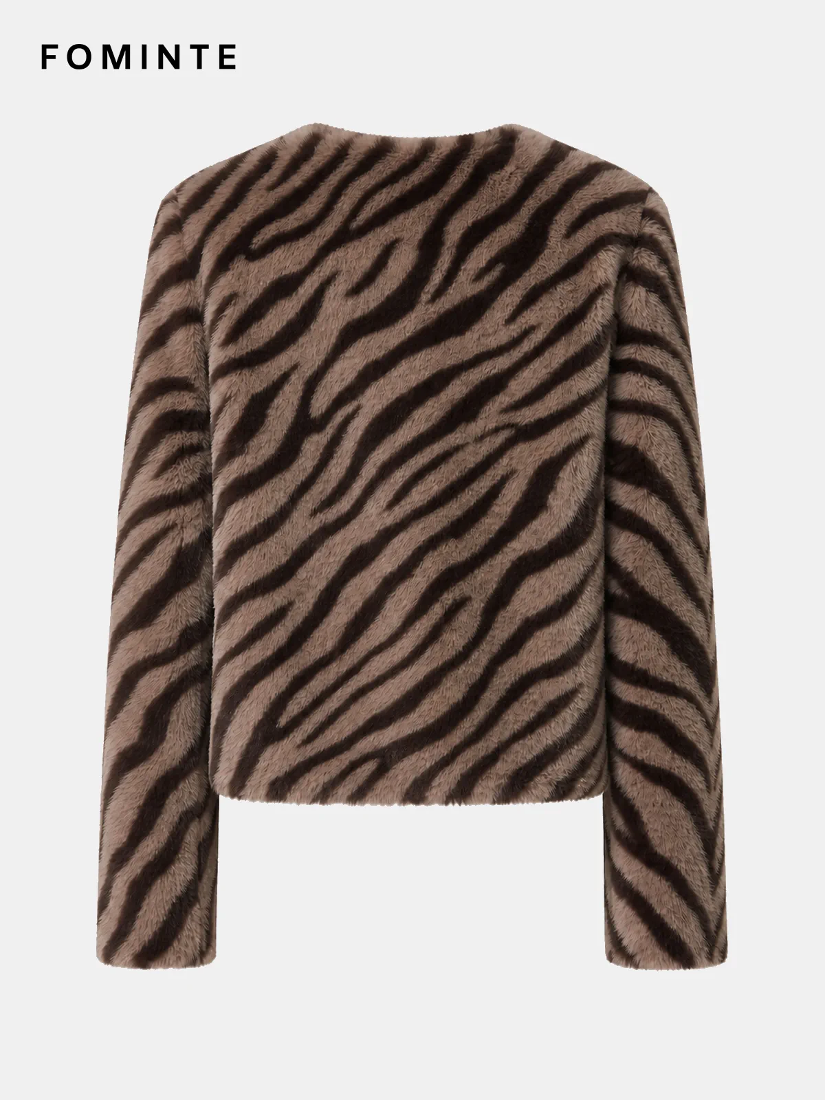 Taupe Zebra-Inspired Zip-Front Faux Fur Jacket Wholesale