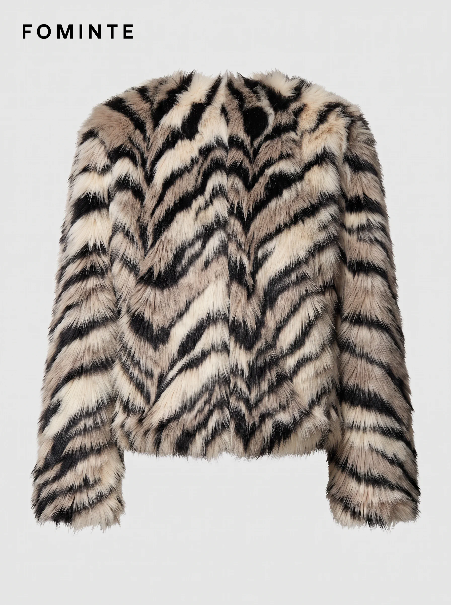 Ivory Diagonal-Stripe Faux Fur Jacket Wholesale