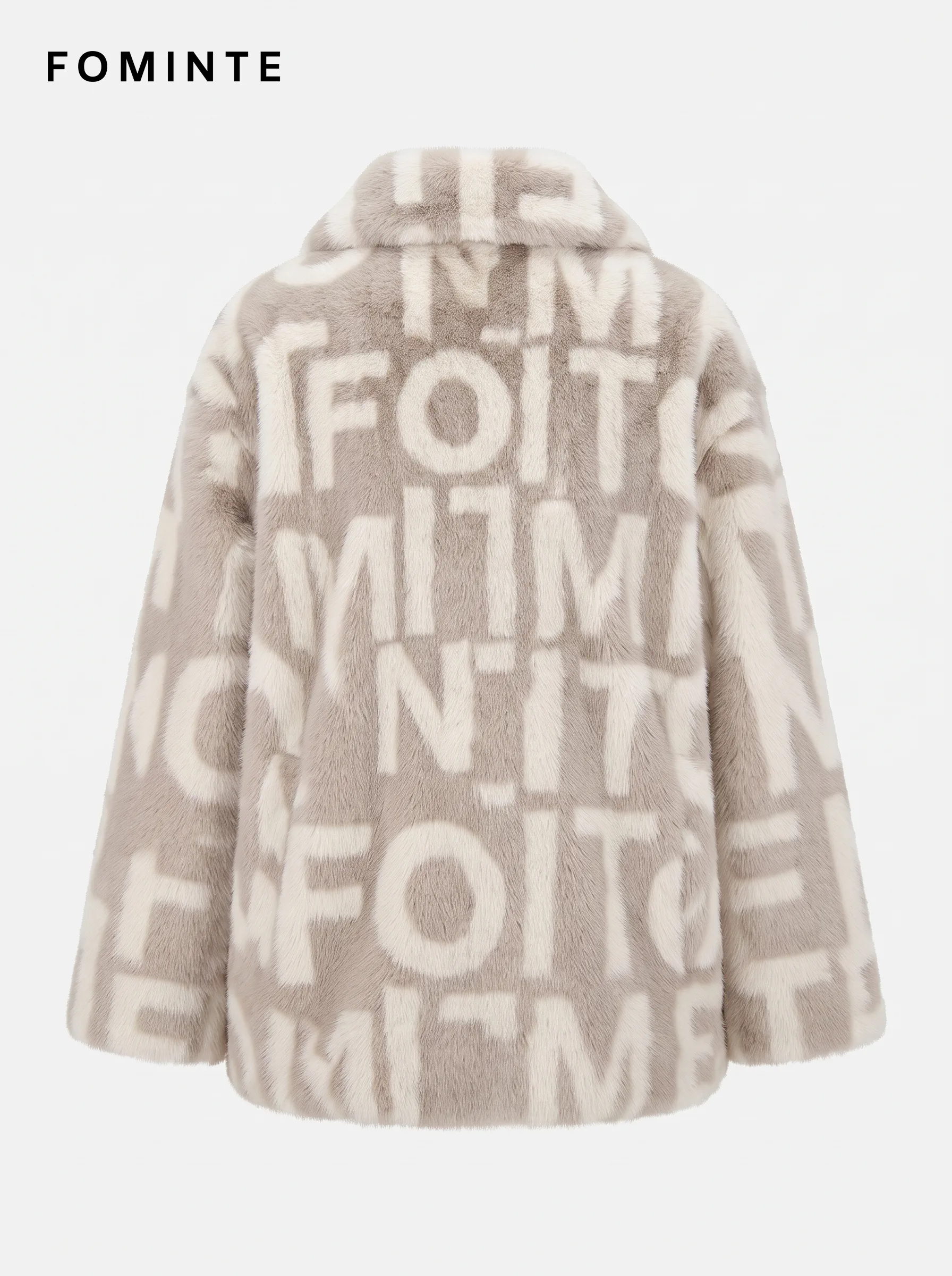 Greige Typographic Geometric Faux Fur Coat Wholesale
