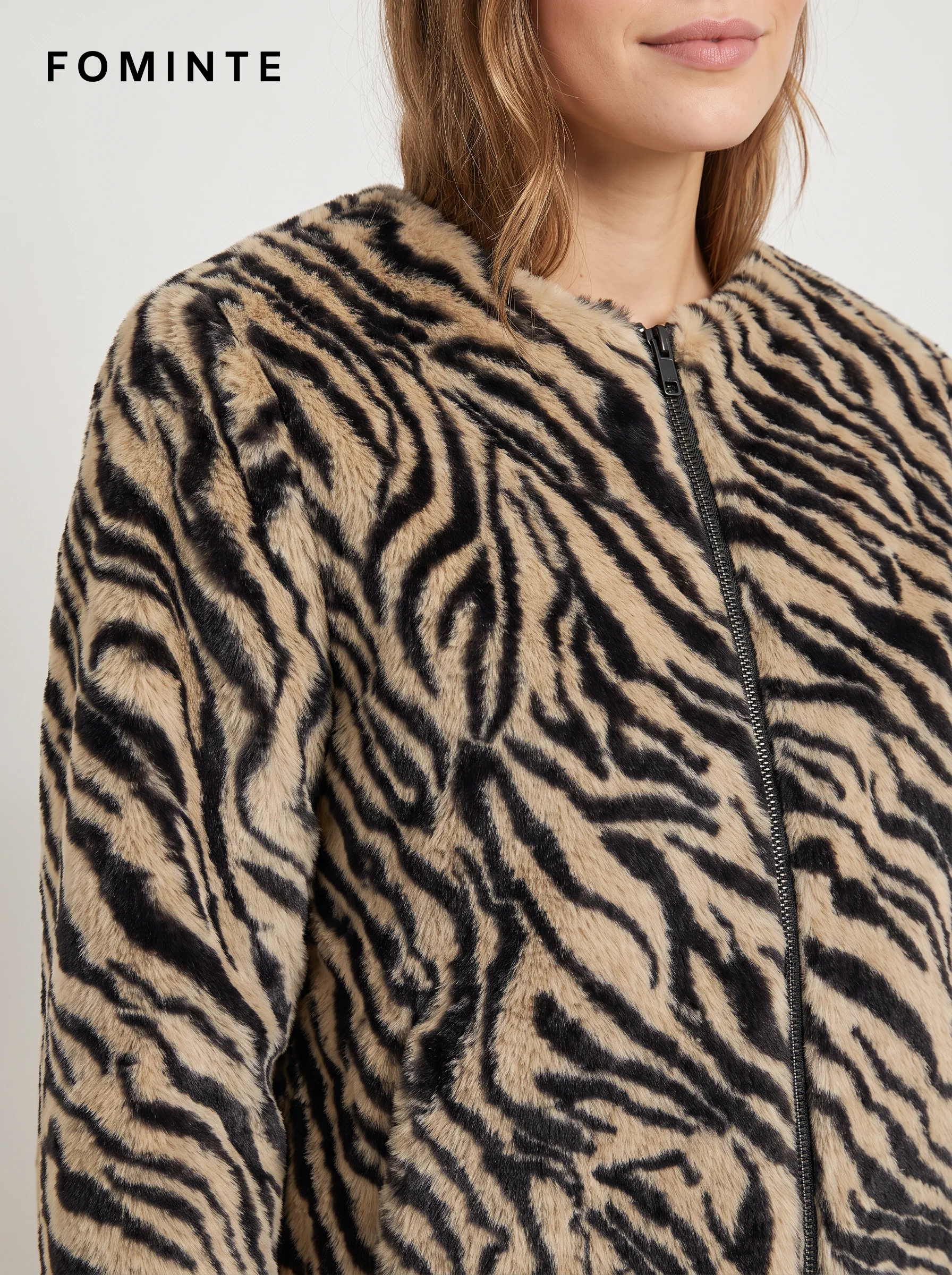 Taupe Zebra-Inspired Zip-Front Faux Fur Jacket