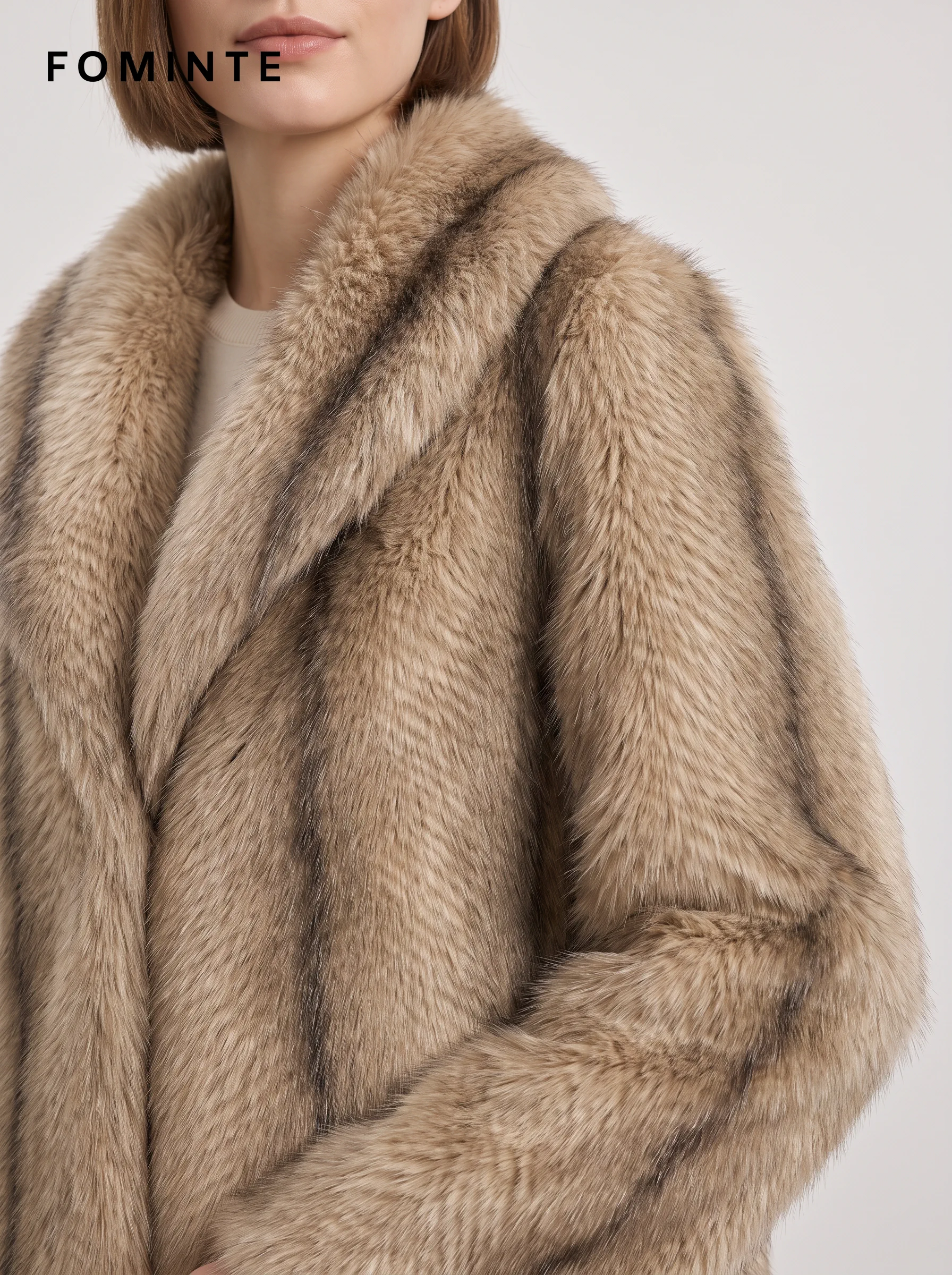 Taupe Tonal-Streak Faux Fur Jacket