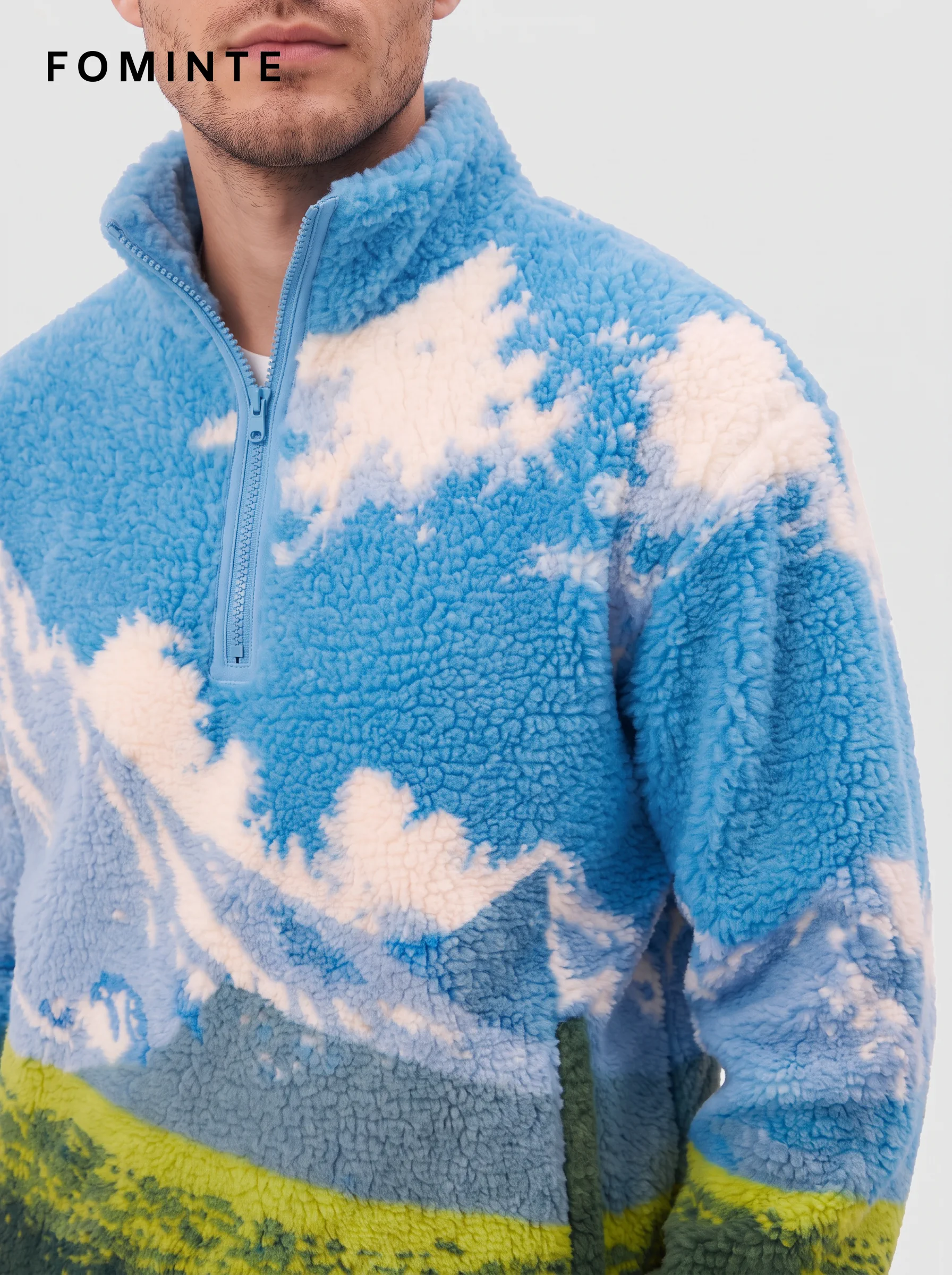 Blue Sky Cloud Grass Landscape Quarter-Zip Fleece Jacket