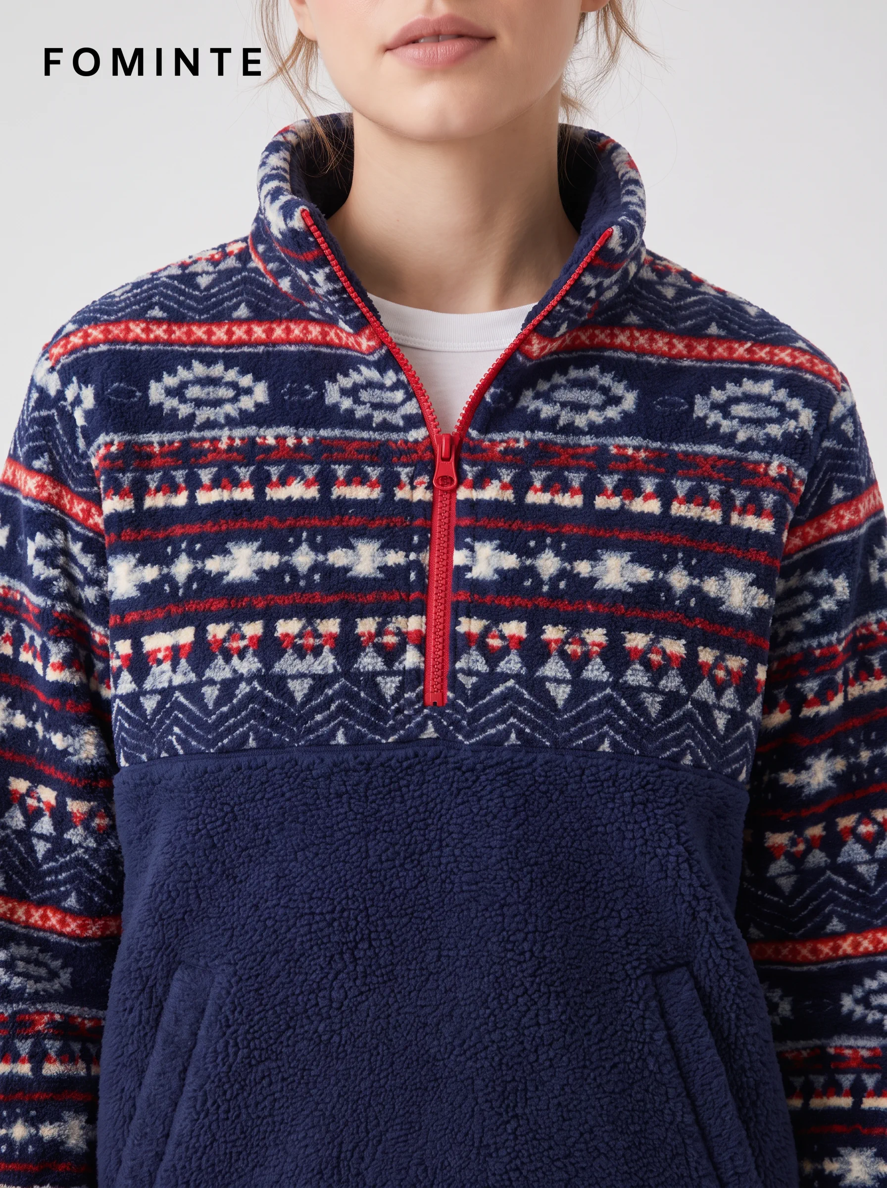 Fair Isle Print Half-Zip Fleece Pullover