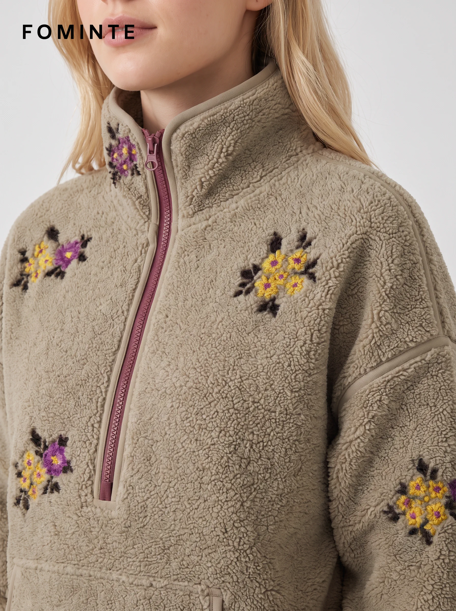 Light Khaki Floral-Embroidered Half-Zip Fleece