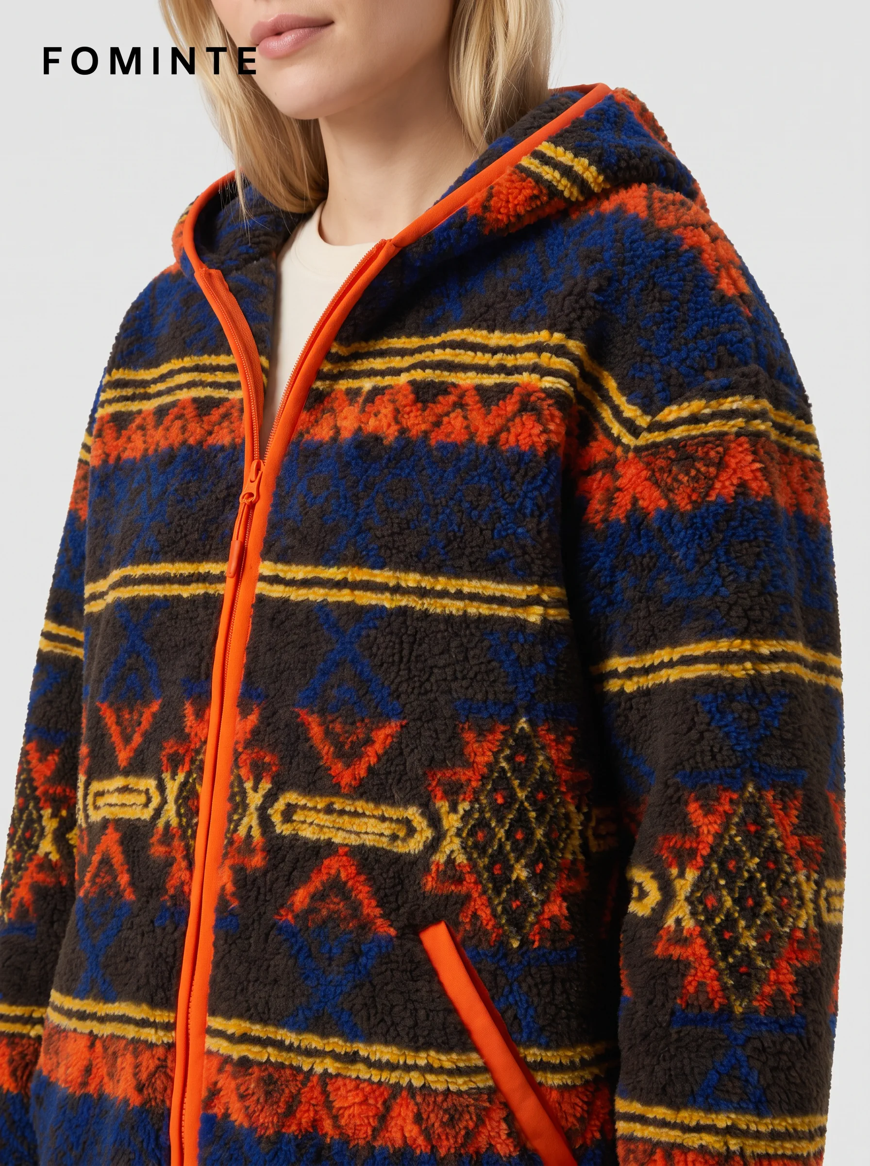 Hooded Full-Zip Aztec Geometric Fleece Jacket