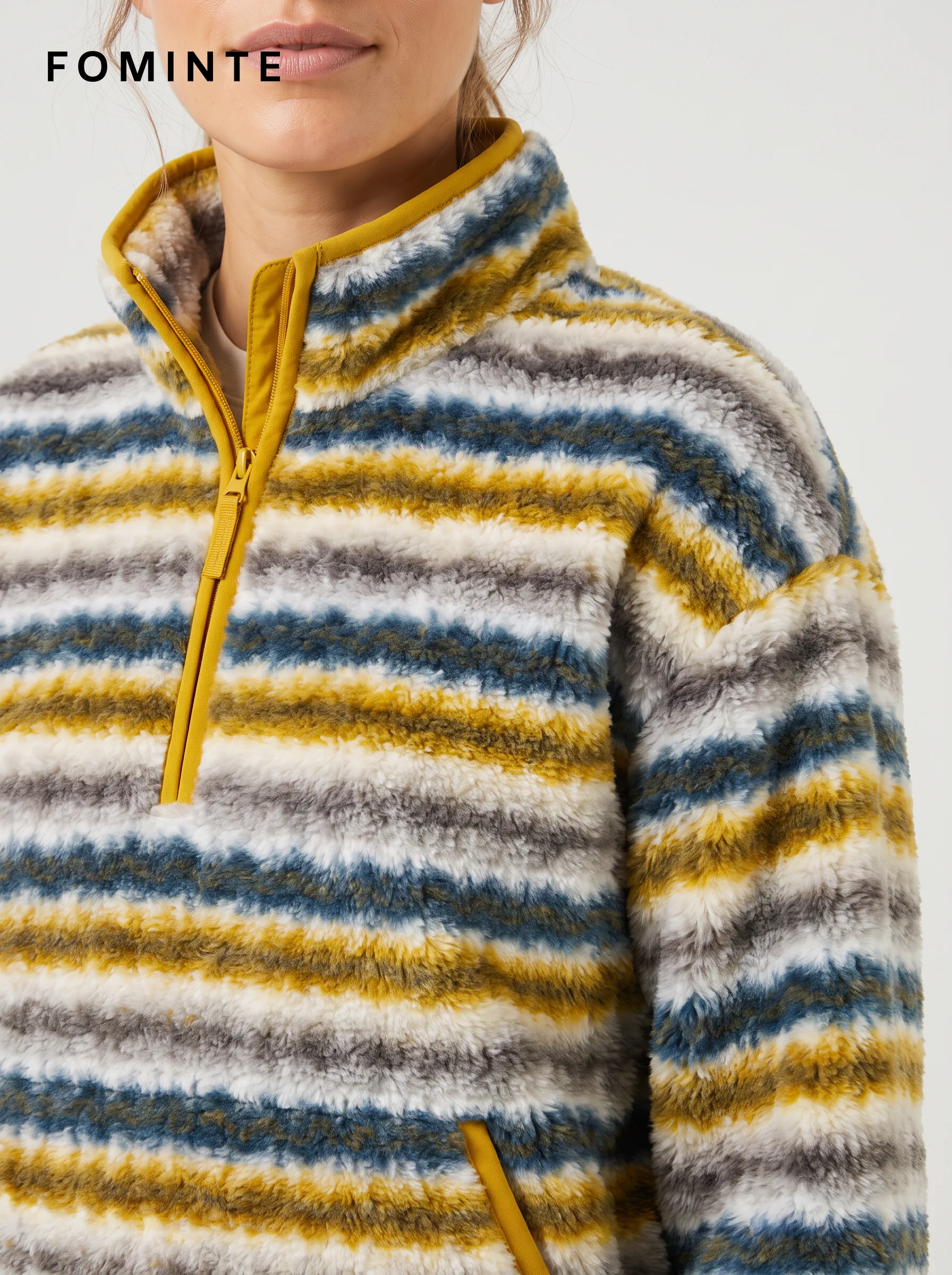 Stand-Collar Half-Zip Multi-Stripe Fleece Pullover
