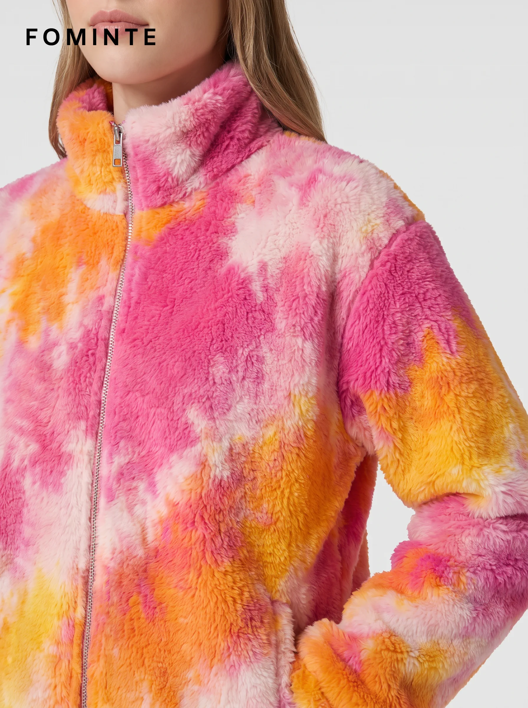 Bright Pink-Orange Tie-Dye Full-Zip Fleece Jacket