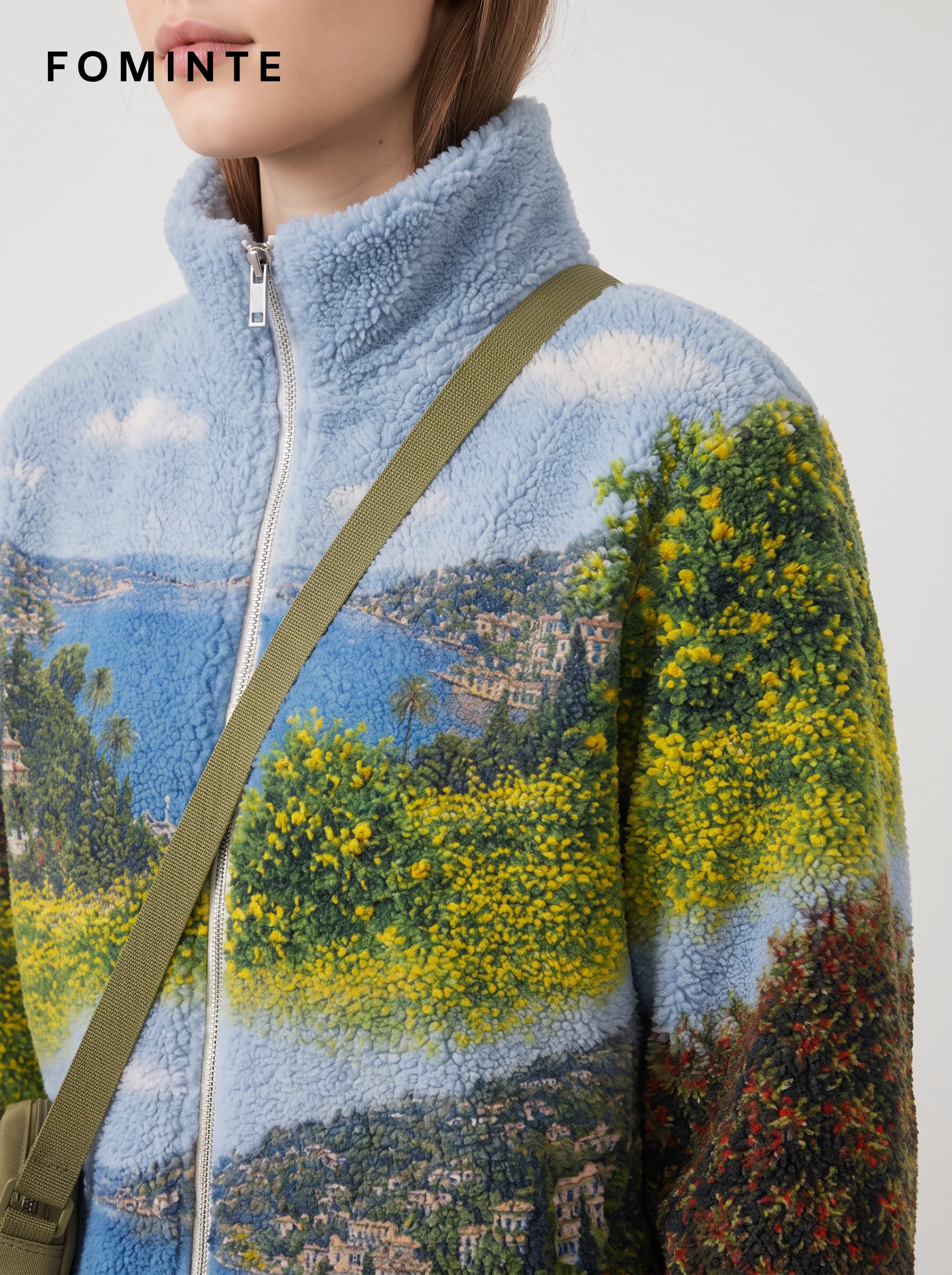 Mediterranean Bay Landscape Print Full-Zip Fleece Jacket